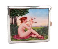 An Enameled Silvered Metal Cigarette Case, Early 20th Century, the lid enameled to show a seated nude playing two flutes in a garden se