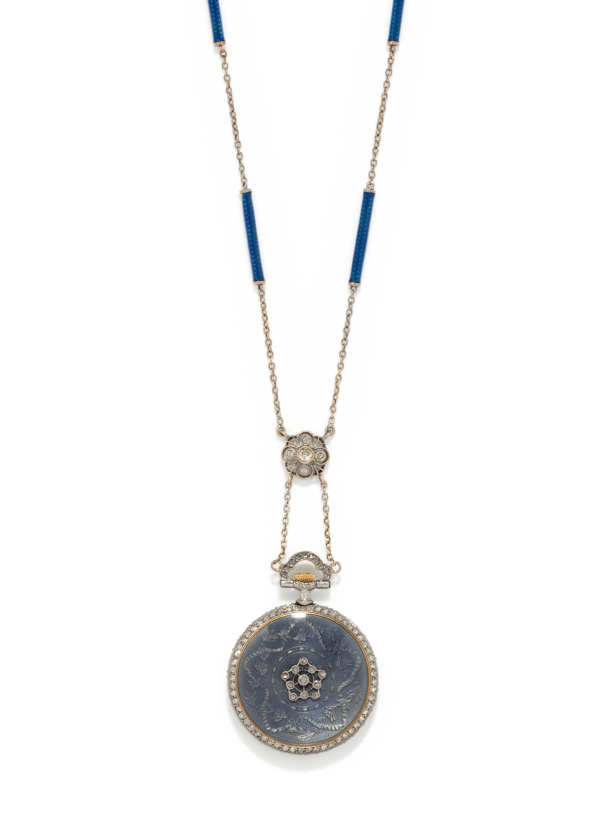 TIFFANY & CO., EDWARDIAN, DIAMOND AND ENAMEL WATCH PENDANT