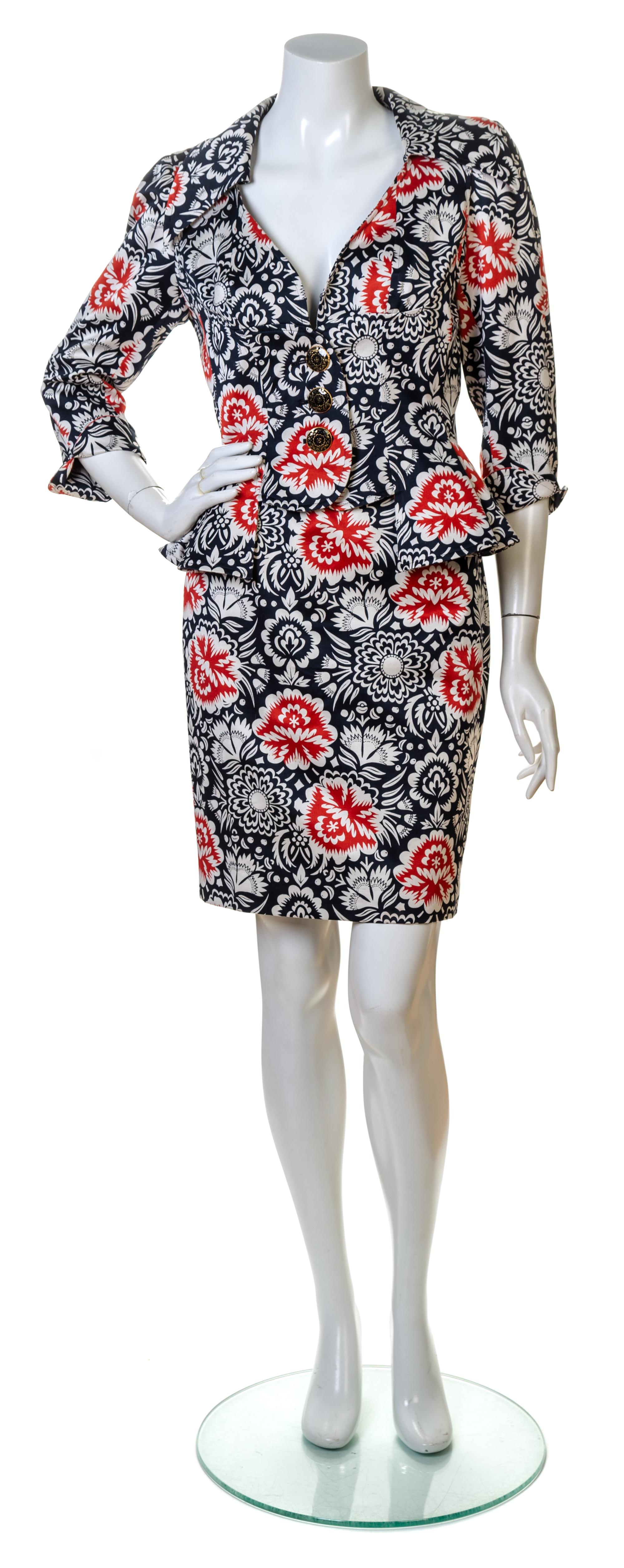 A Christian Lacroix Blue and Red Cotton Skirt Ensemble, Both Size 38.