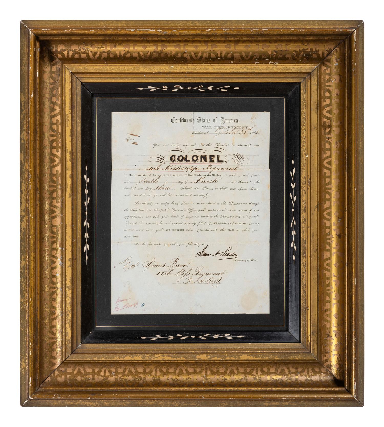 [CIVIL WAR]. SEDDON, James A. (1815-1880). Document signed ("James A. Seddon"), as Confederate States Secretary of War, appointing James Barr colonel of the 10th Mississippi Regiment. Richmond, VA, 30 October 1863.