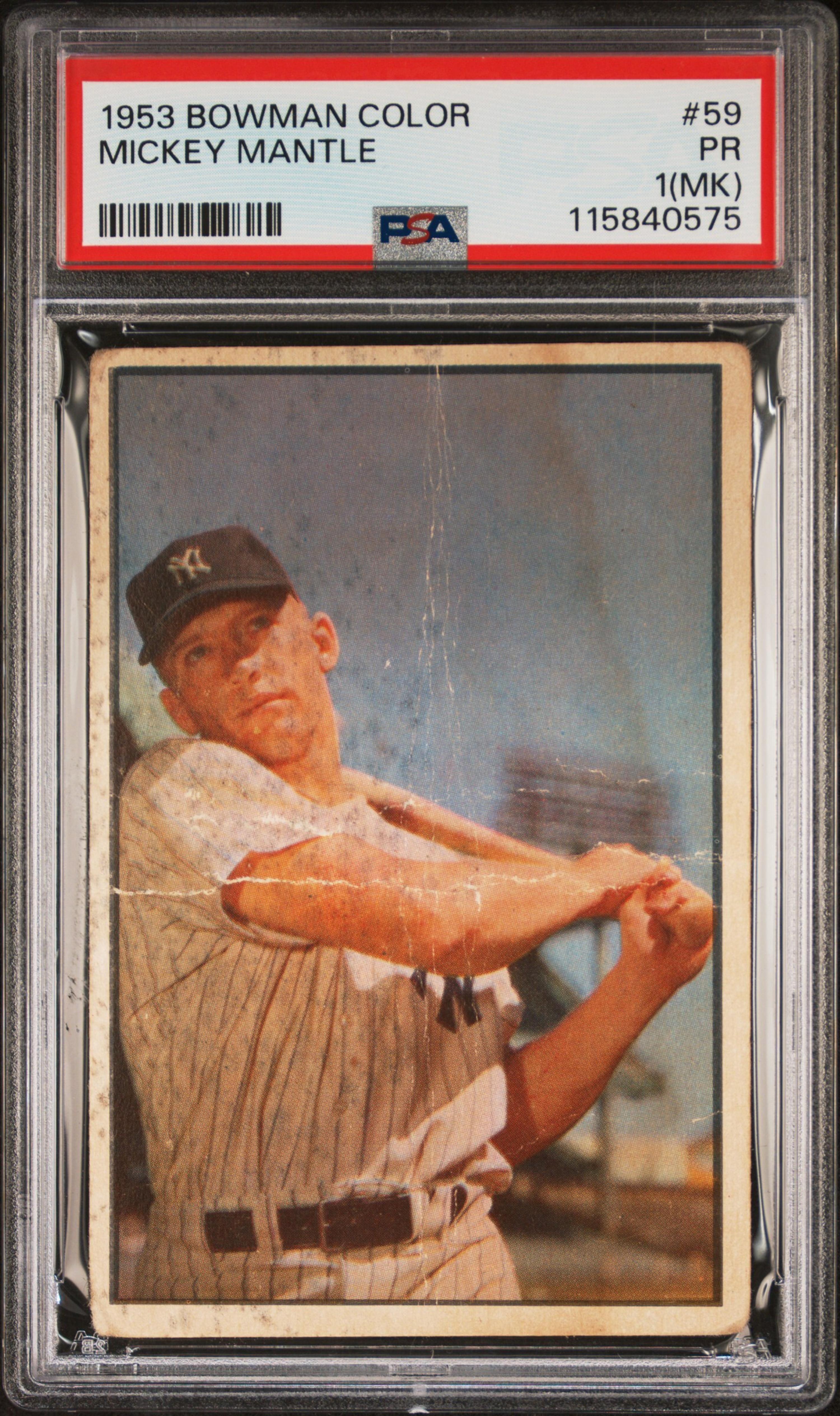 A 1953 Bowman Color Mickey Mantle Baseball Card No. 59 (PSA 1 MK)