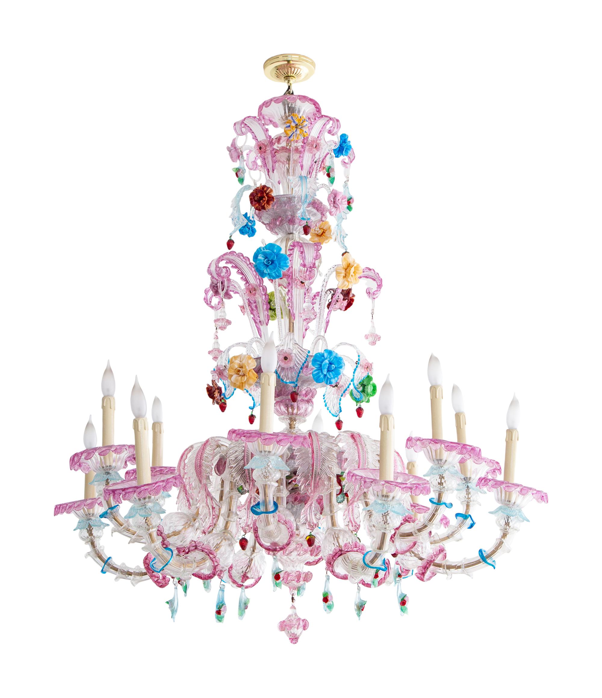 A Murano Colored Glass Twelve-Light Chandelier