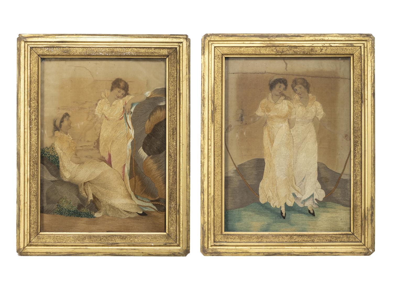 A Pair of Figural Goldwork Embroidered Pictures of Girls with a Jump Rope