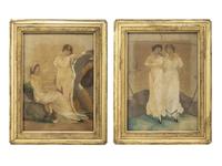 A Pair of Figural Goldwork Embroidered Pictures of Girls with a Jump Rope