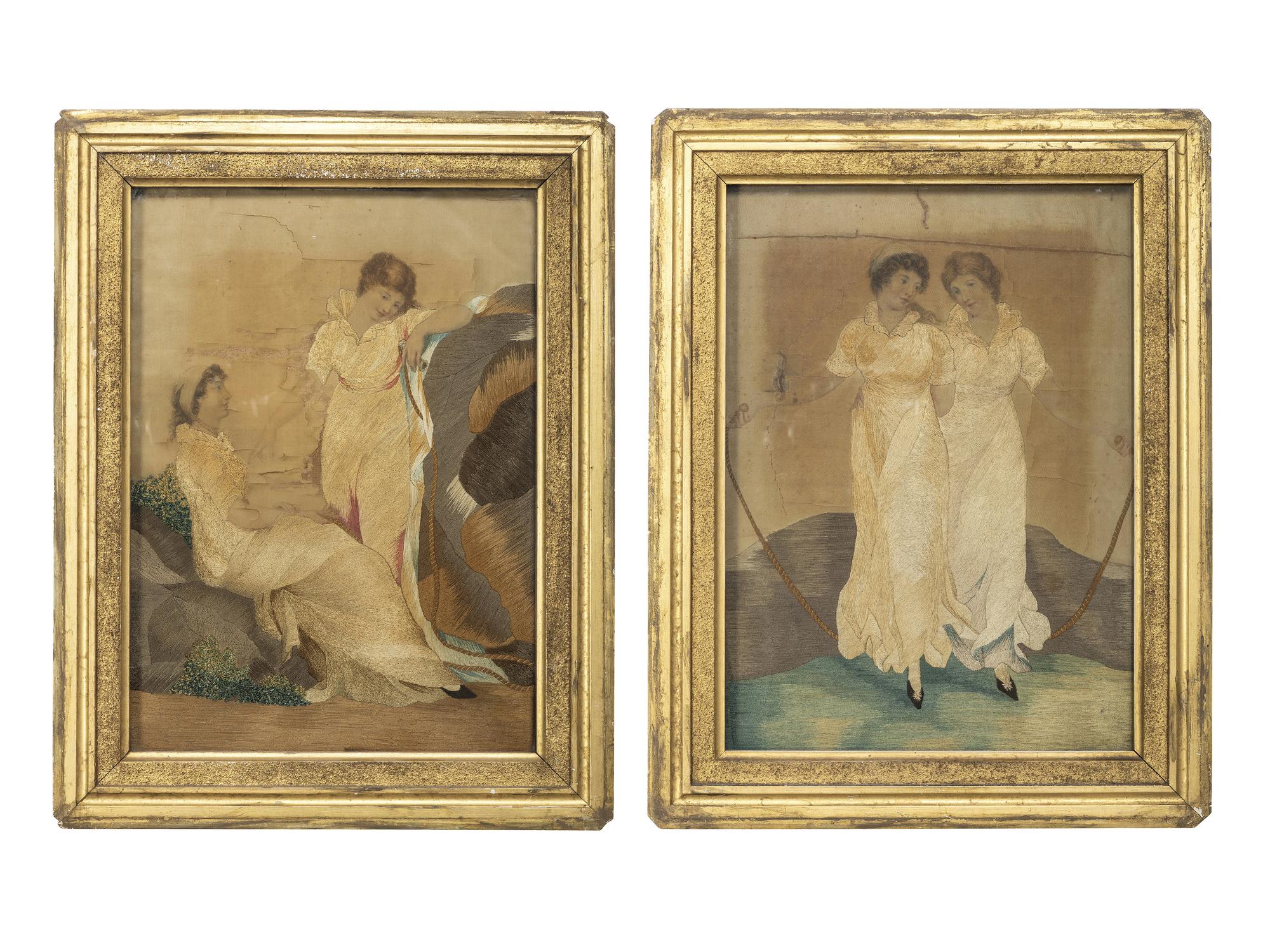 A Pair of Figural Goldwork Embroidered Pictures of Girls with a Jump Rope