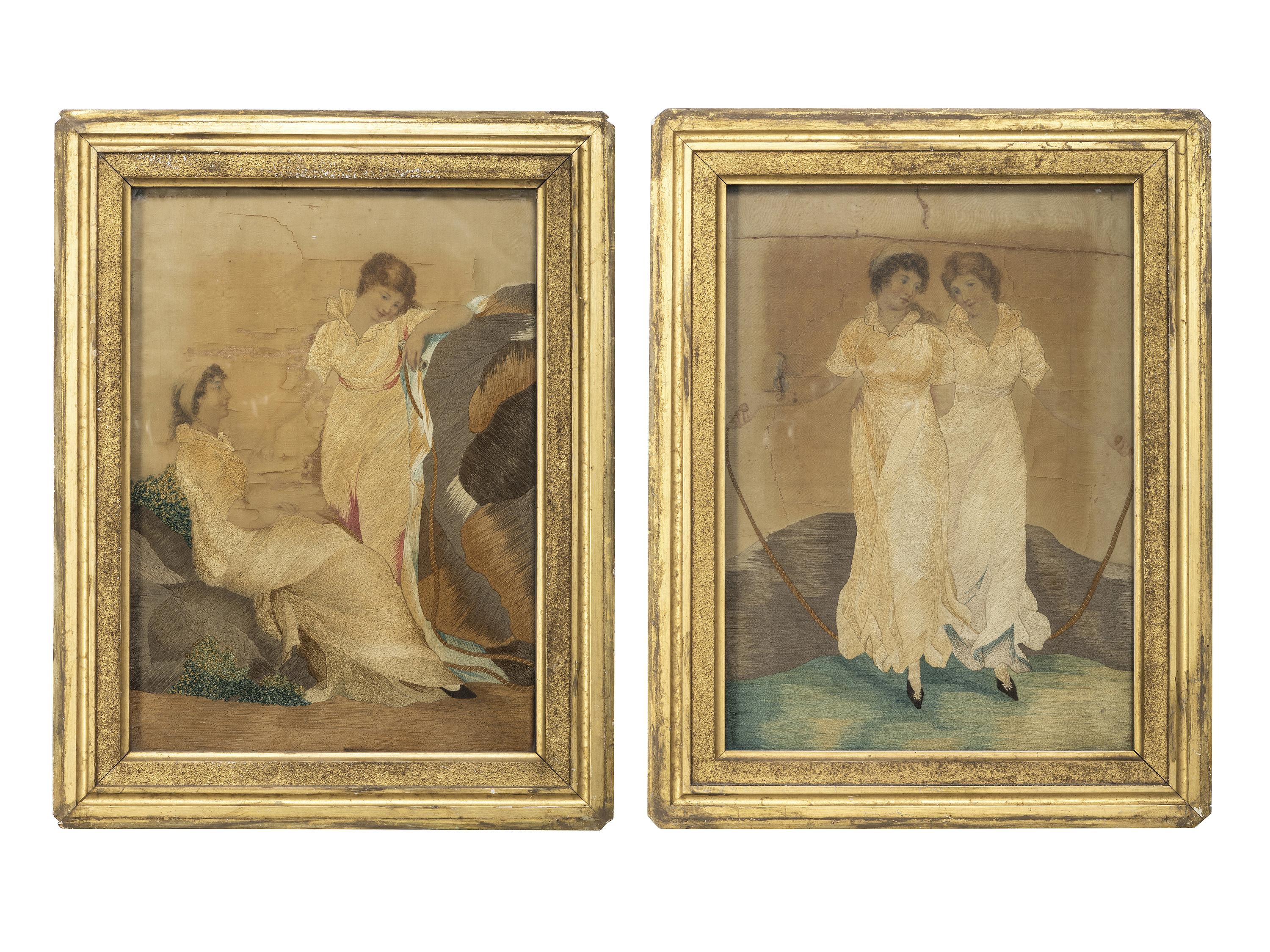 A Pair of Figural Goldwork Embroidered Pictures of Girls with a Jump Rope