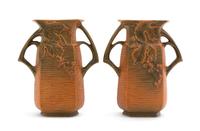 A Pair of Roseville Bushberry Pottery Vases Height 8 1/4 inches.