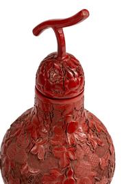 A Pair of Chinese Red Lacquer Double Gourd-Form Vases and Covers