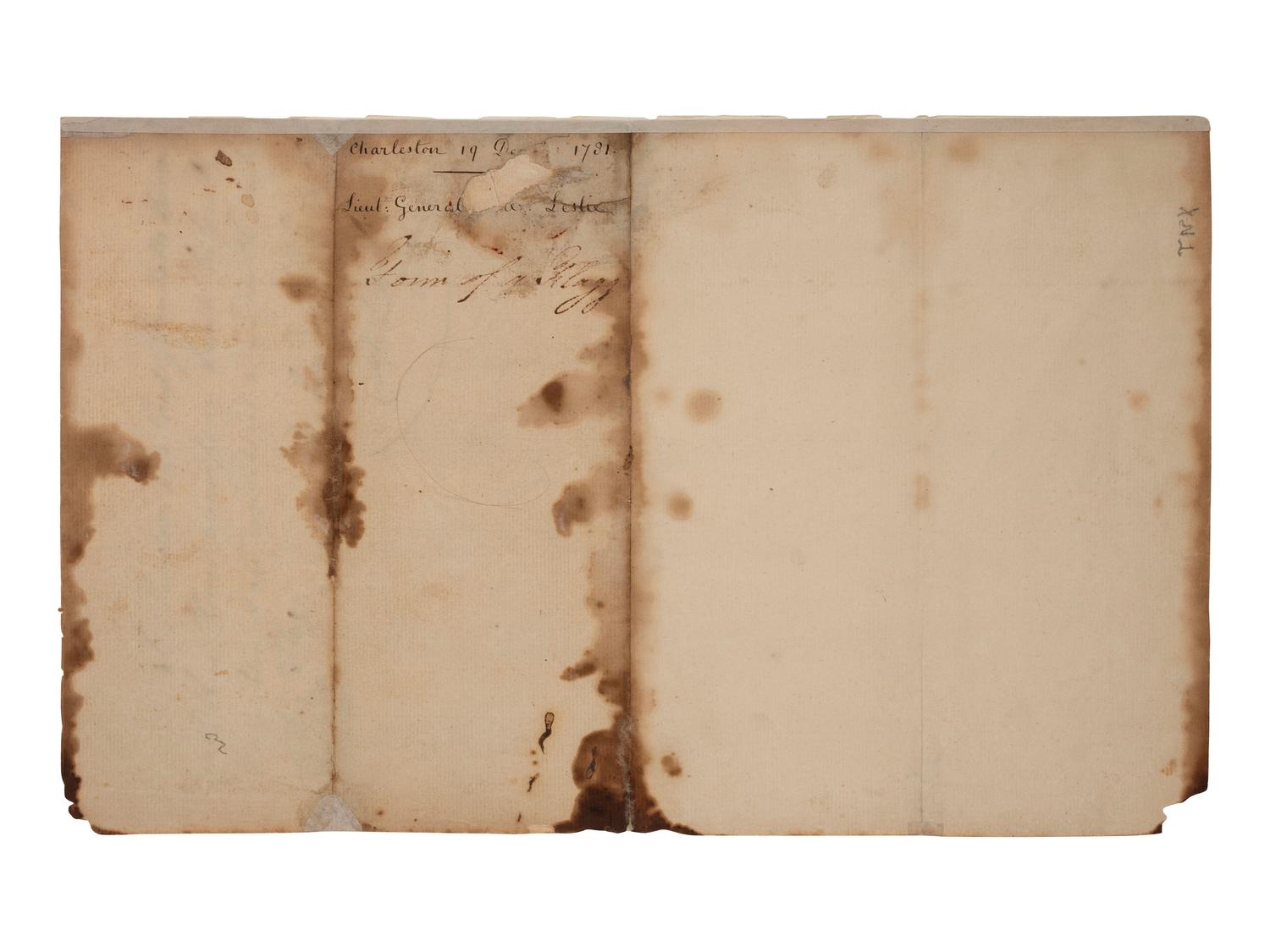 [REVOLUTIONARY WAR]. LESLIE, Alexander (1731-1794). Document signed ("Alexr. Leslie"), DECLARING HIS MEN'S SAFE PASSAGE UNDER FLAG OF TRUCE TO SPEAK WITH GENERAL NATHANAEL GREENE. Charleston, [SC], 19 December 1781.