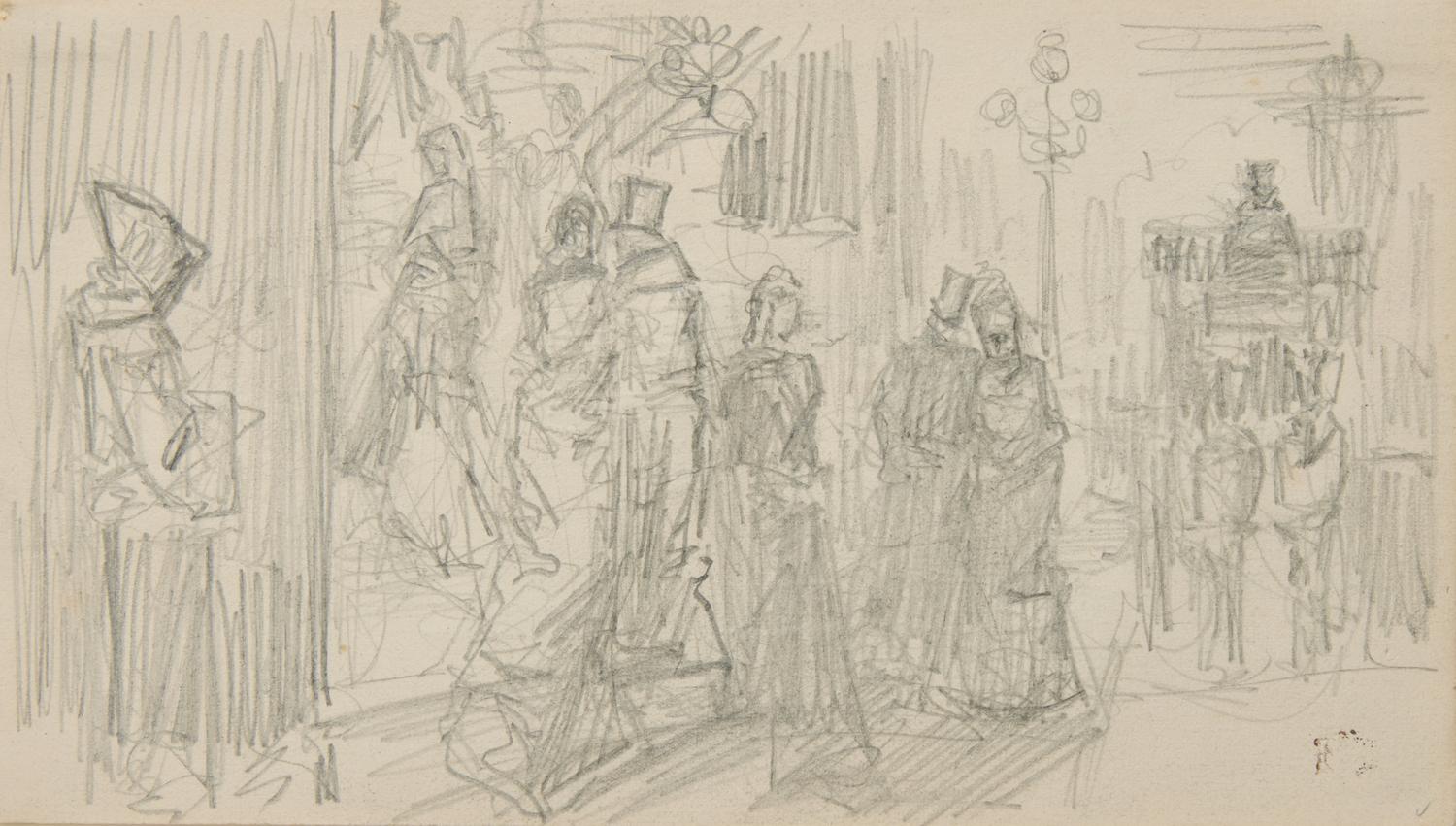 Félix Hilaire Buhot (French, 1847–1898) — Parisian Street Scene ; with Figure Study Verso (a double-sided work)