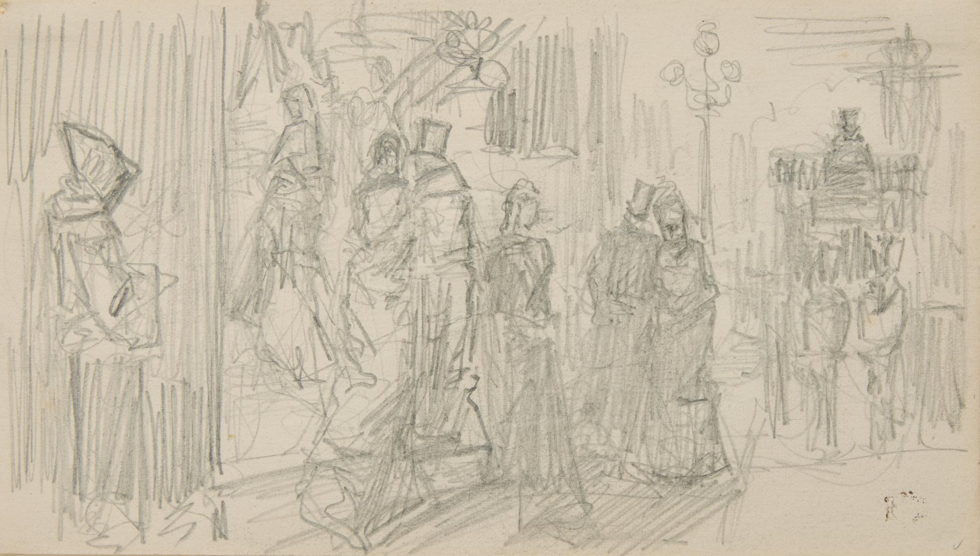 Félix Hilaire Buhot (French, 1847–1898) — Parisian Street Scene ; with Figure Study Verso (a double-sided work)