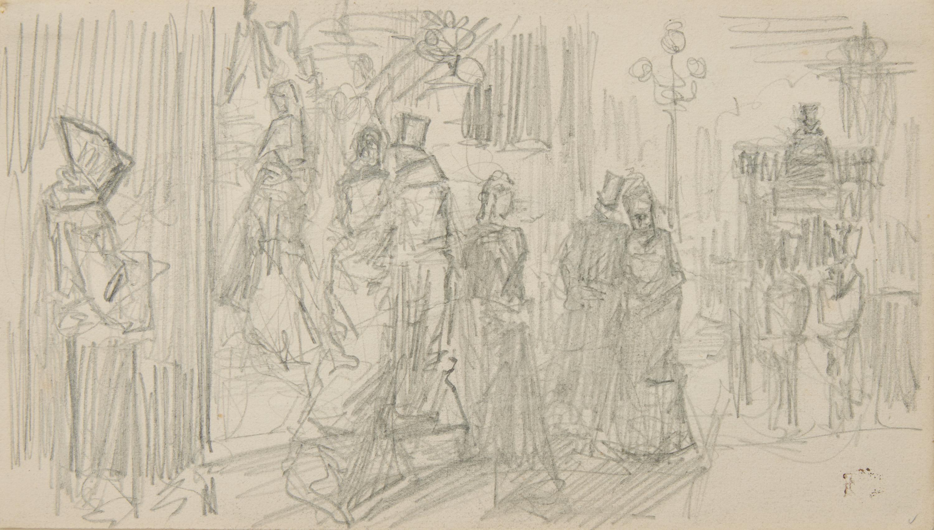 Félix Hilaire Buhot (French, 1847–1898) — Parisian Street Scene ; with Figure Study Verso (a double-sided work)