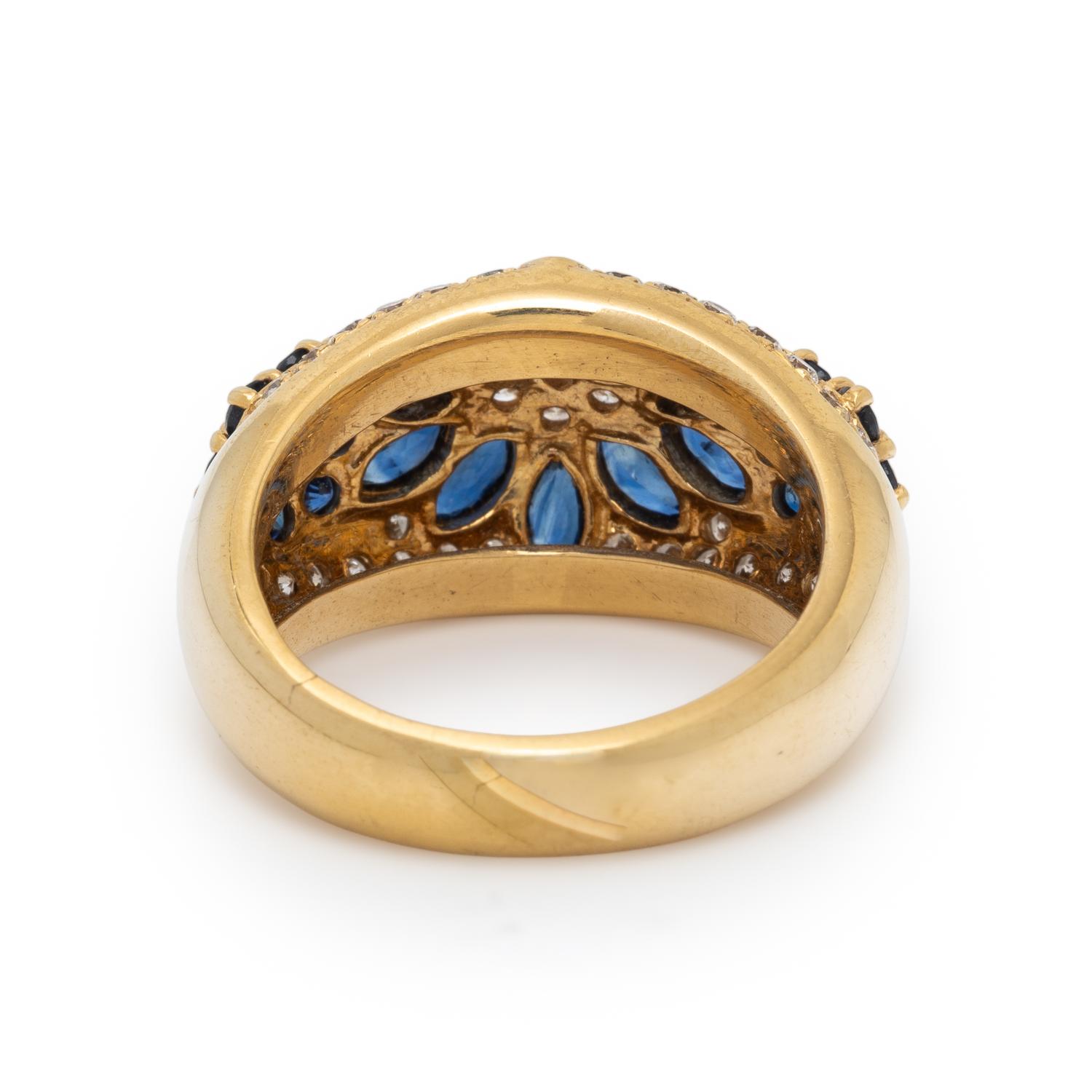 SAPPHIRE, DIAMOND, AND YELLOW GOLD FLOWER RING