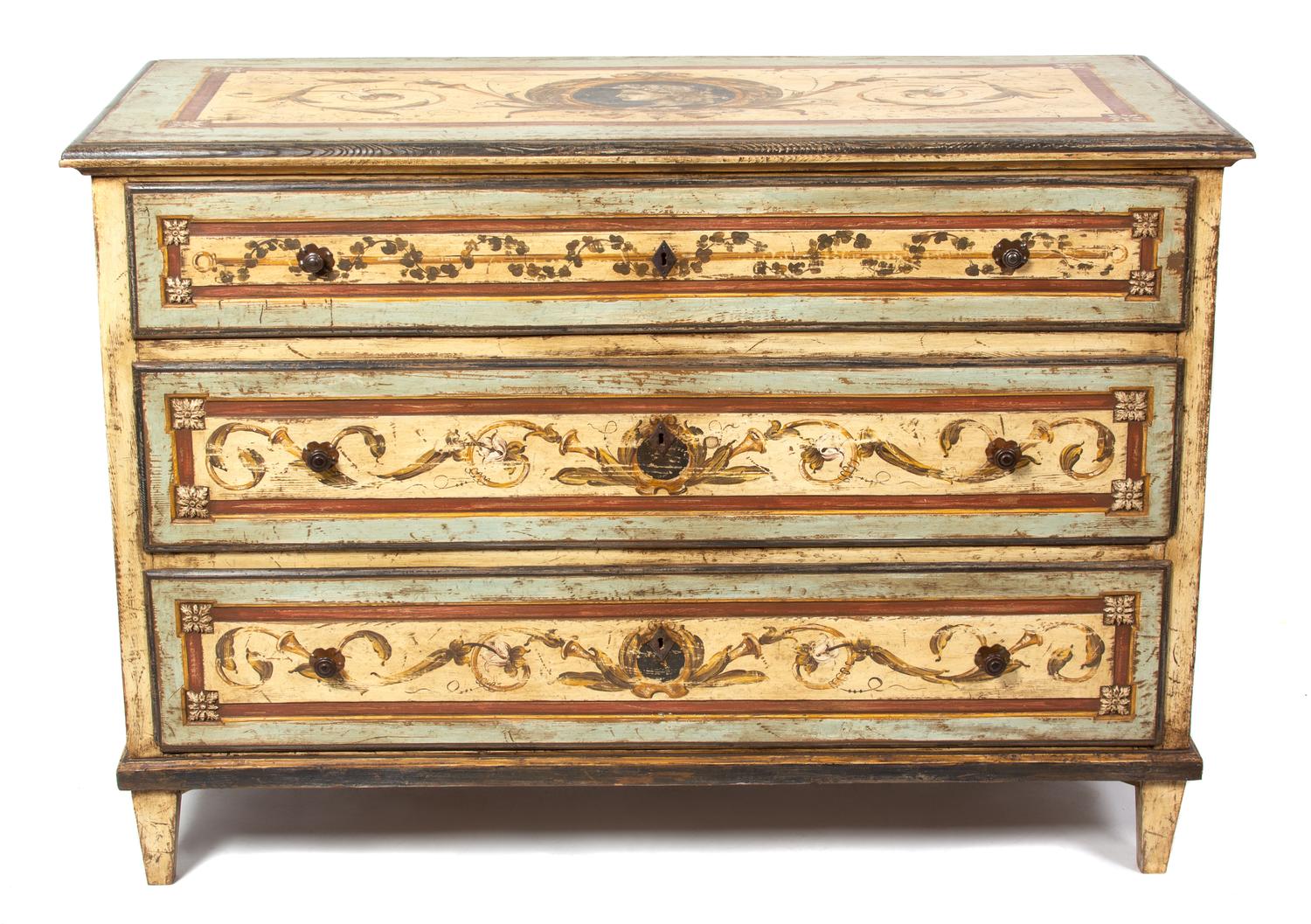A Venetian Style Painted Chest of Three Drawers Height 36 1/4 x width 52 1/2 x depth 24 inches. — 19TH CENTURY