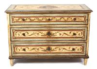 A Venetian Style Painted Chest of Three Drawers Height 36 1/4 x width 52 1/2 x depth 24 inches. — 19TH CENTURY