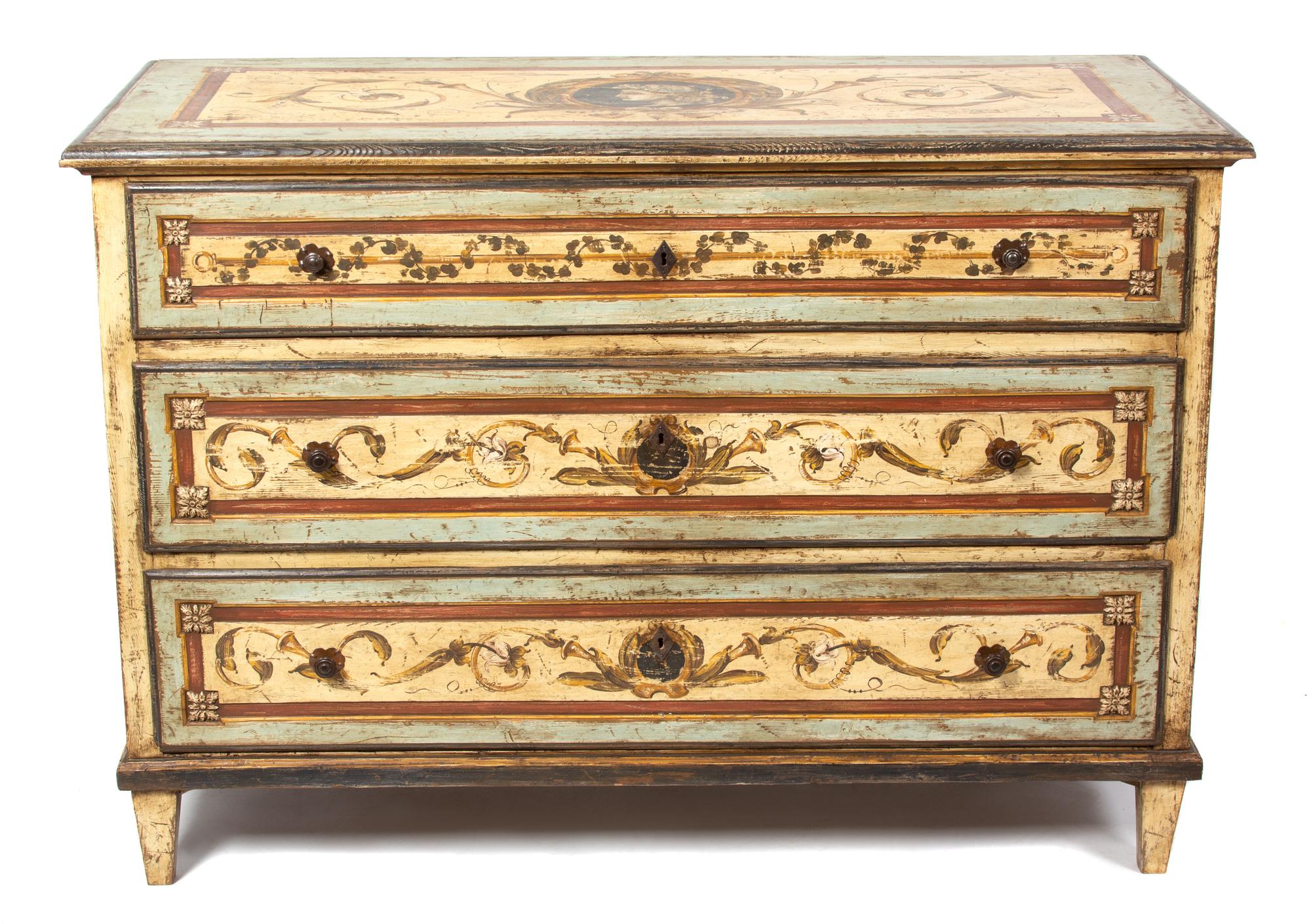A Venetian Style Painted Chest of Three Drawers Height 36 1/4 x width 52 1/2 x depth 24 inches. — 19TH CENTURY