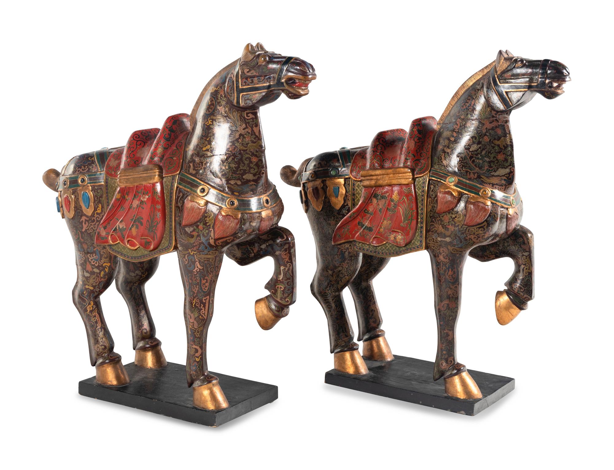 A Pair of Chinese Painted and Parcel Gilt Horses