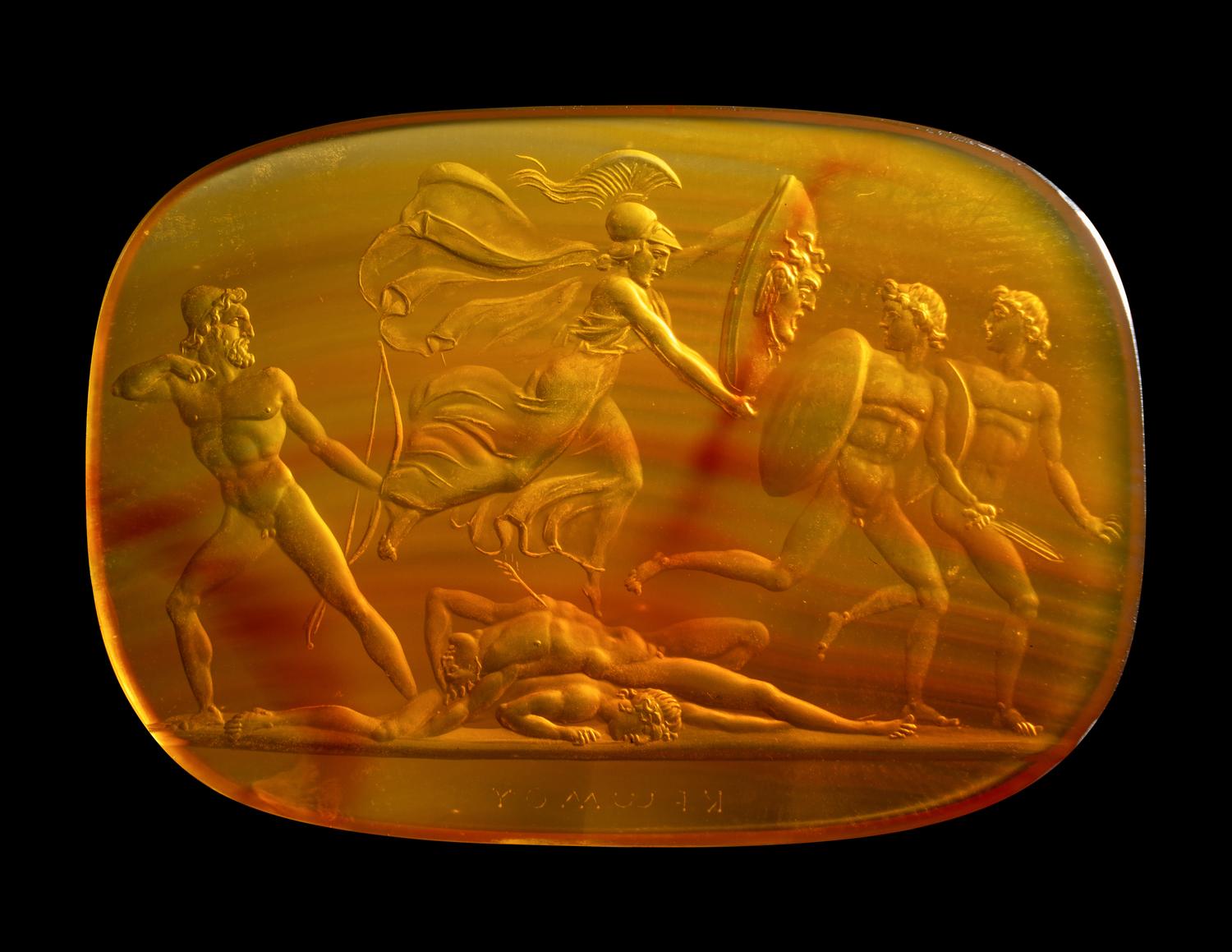 A Neoclassical Carnelian Intaglio with Ulysses and Minerva Frightening the Suitors with the Aegis.