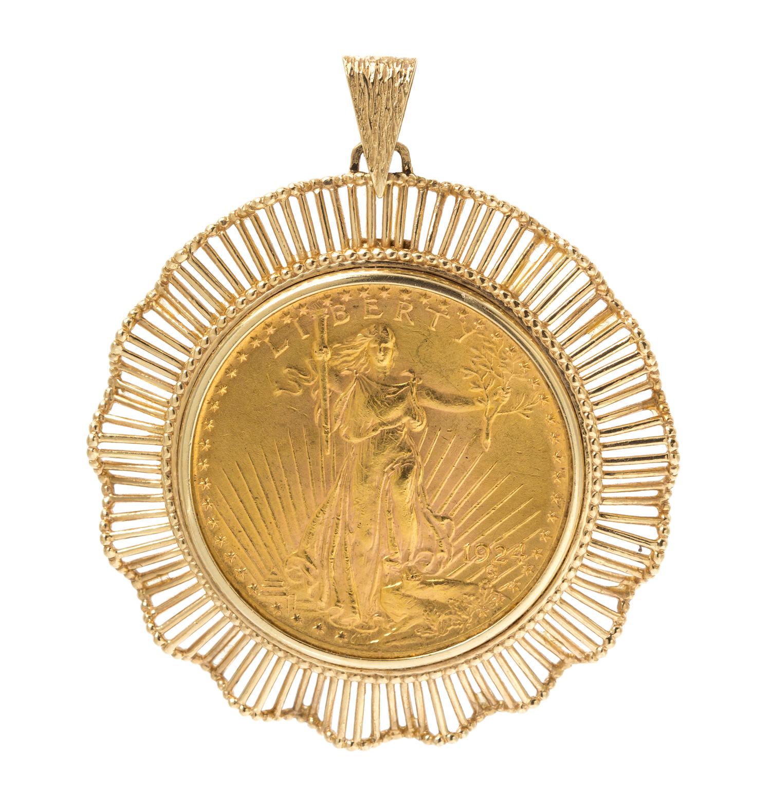 A 14 Karat Yellow Gold and US $20 Gold Liberty Coin Pendant, 28.90 dwts.