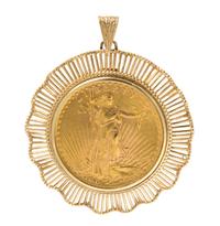 A 14 Karat Yellow Gold and US $20 Gold Liberty Coin Pendant, 28.90 dwts.