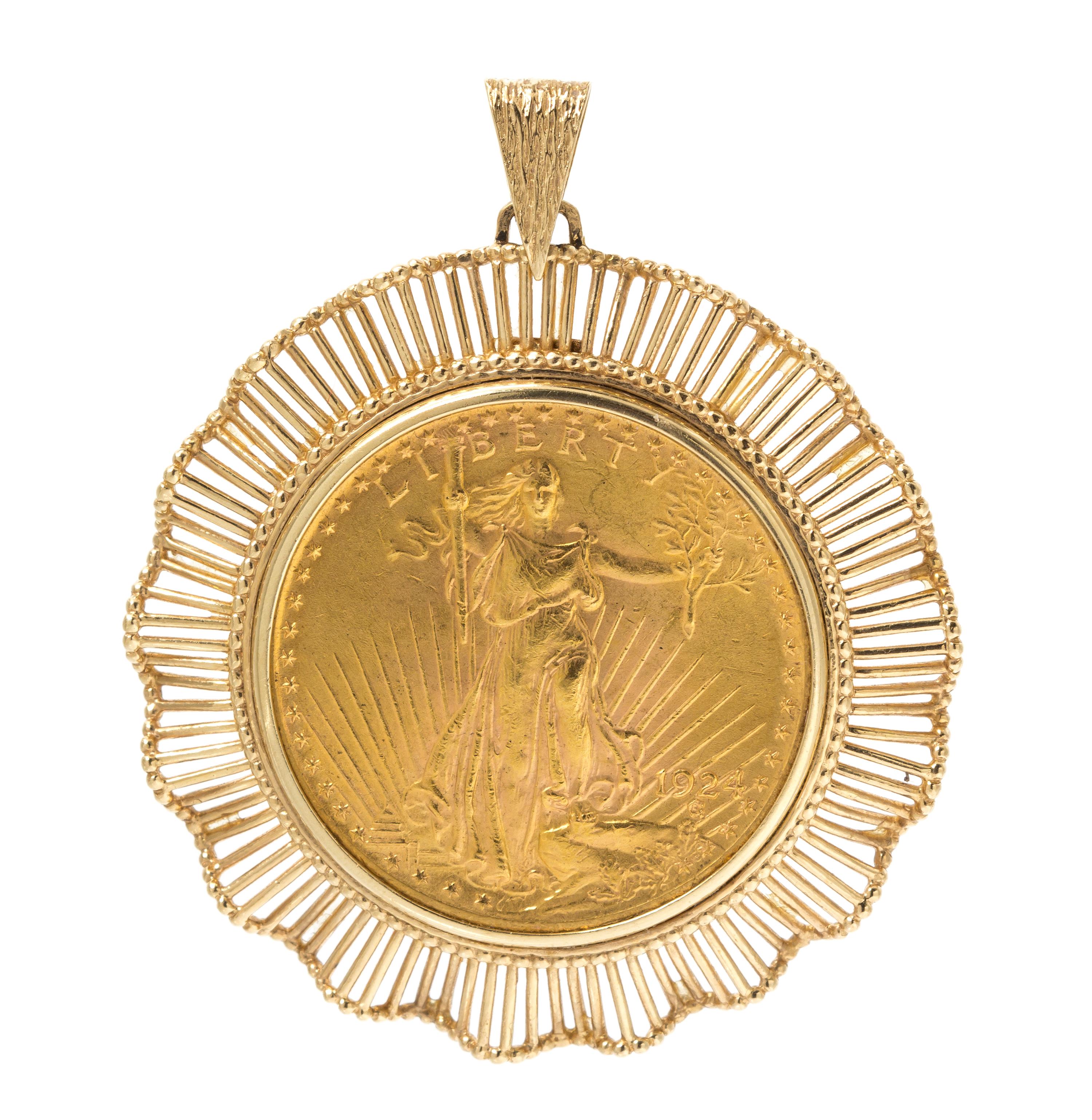 A 14 Karat Yellow Gold and US $20 Gold Liberty Coin Pendant, 28.90 dwts.