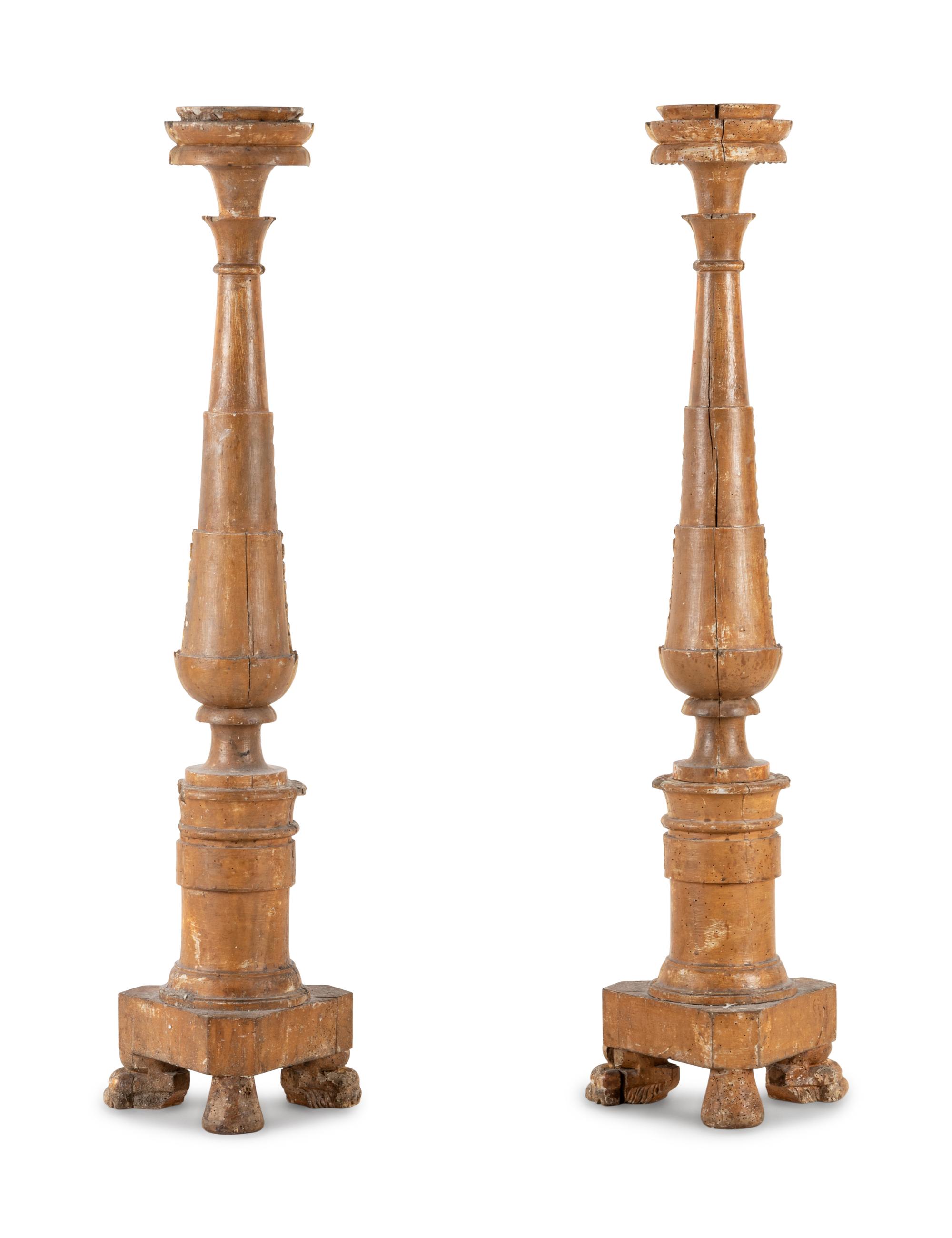 A Pair of Neoclassical Carved Giltwood Prickets