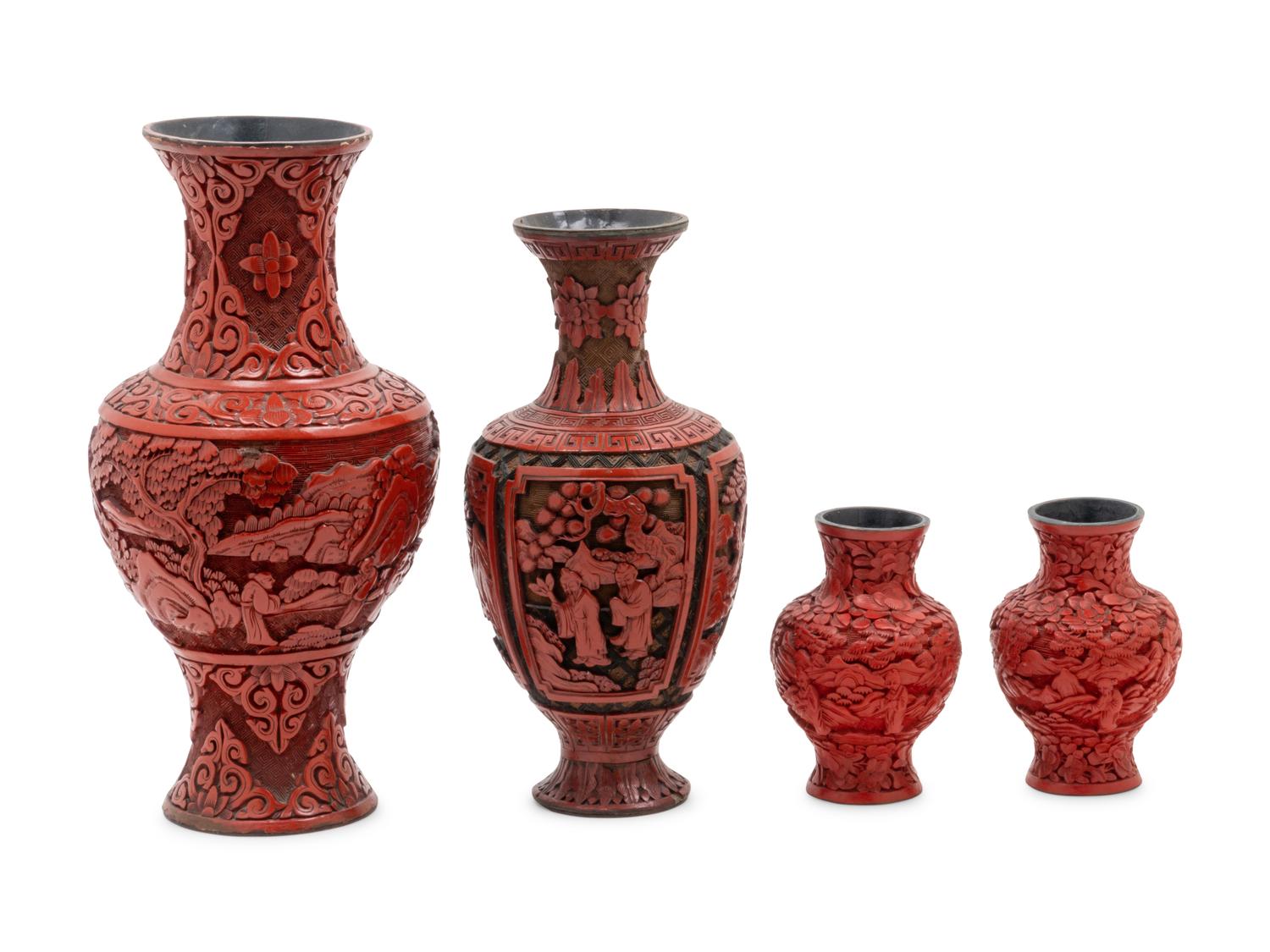 Four Chinese Cinnabar Red Lacquer Vases