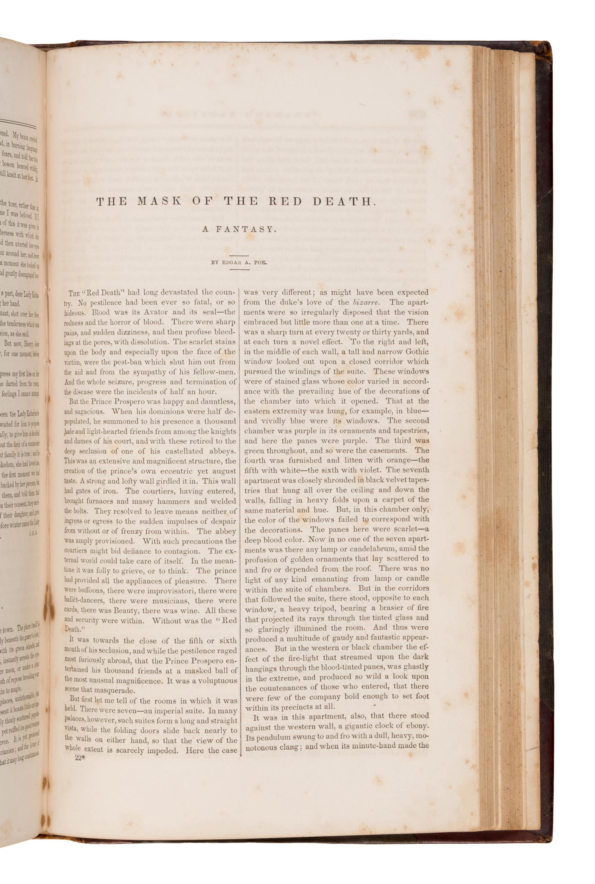[Poe, Edgar Allan (1809-1849)]. "The Mask of the Red Death: A Fantasy," and 6 other writings. In: Graham's Lady's and Gentleman's Magazine, Vols. XX-XXII . Philadelphia: George R. Graham, January-June, 1842.