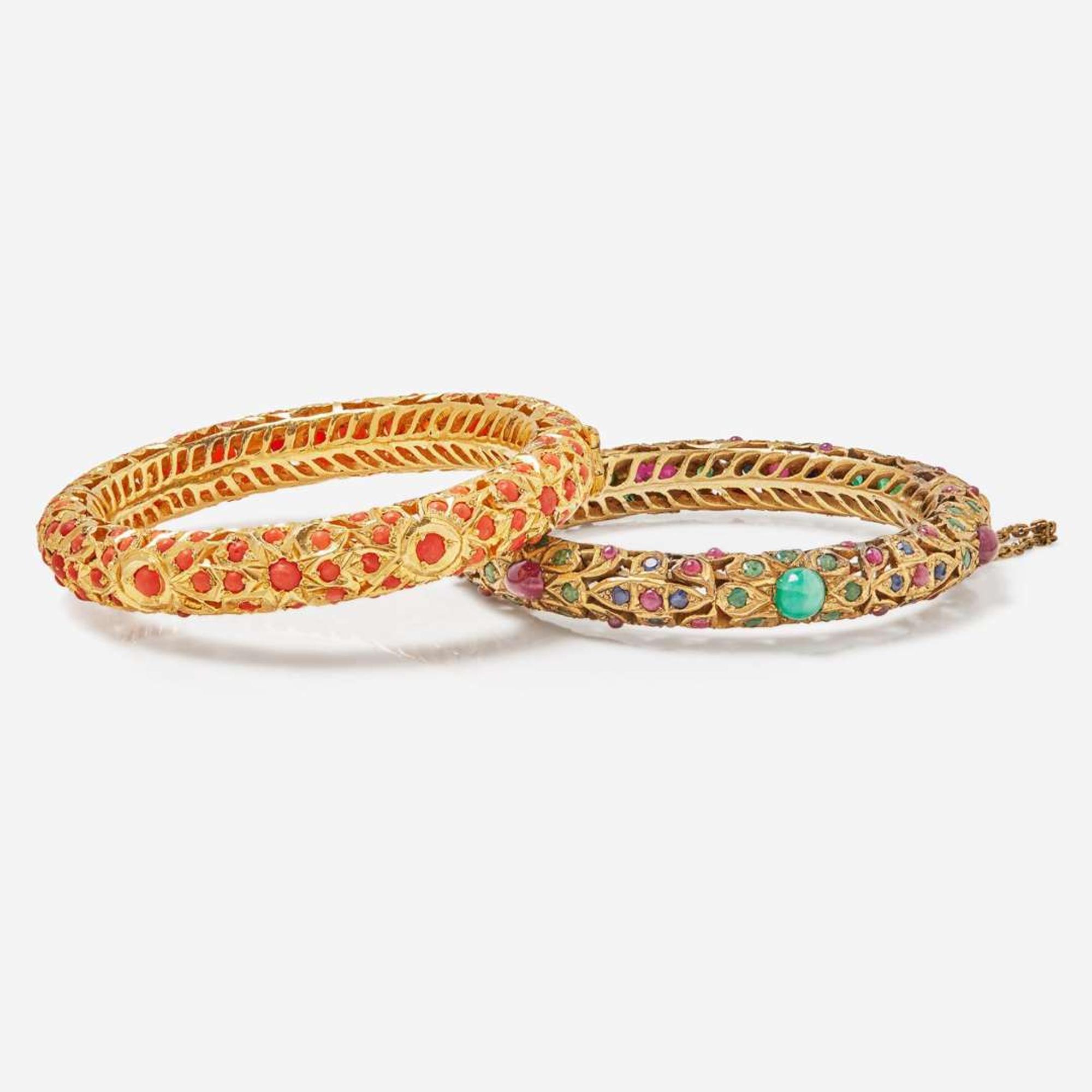 A Set of Two 10K Yellow Gold and Gemstone Bracelets