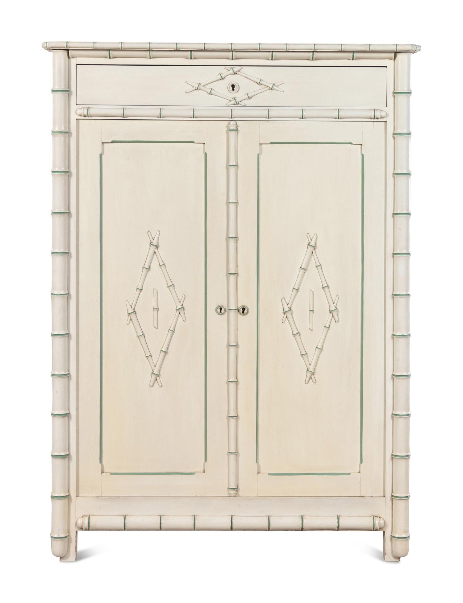 A Victorian White Painted Faux Bamboo Armoire