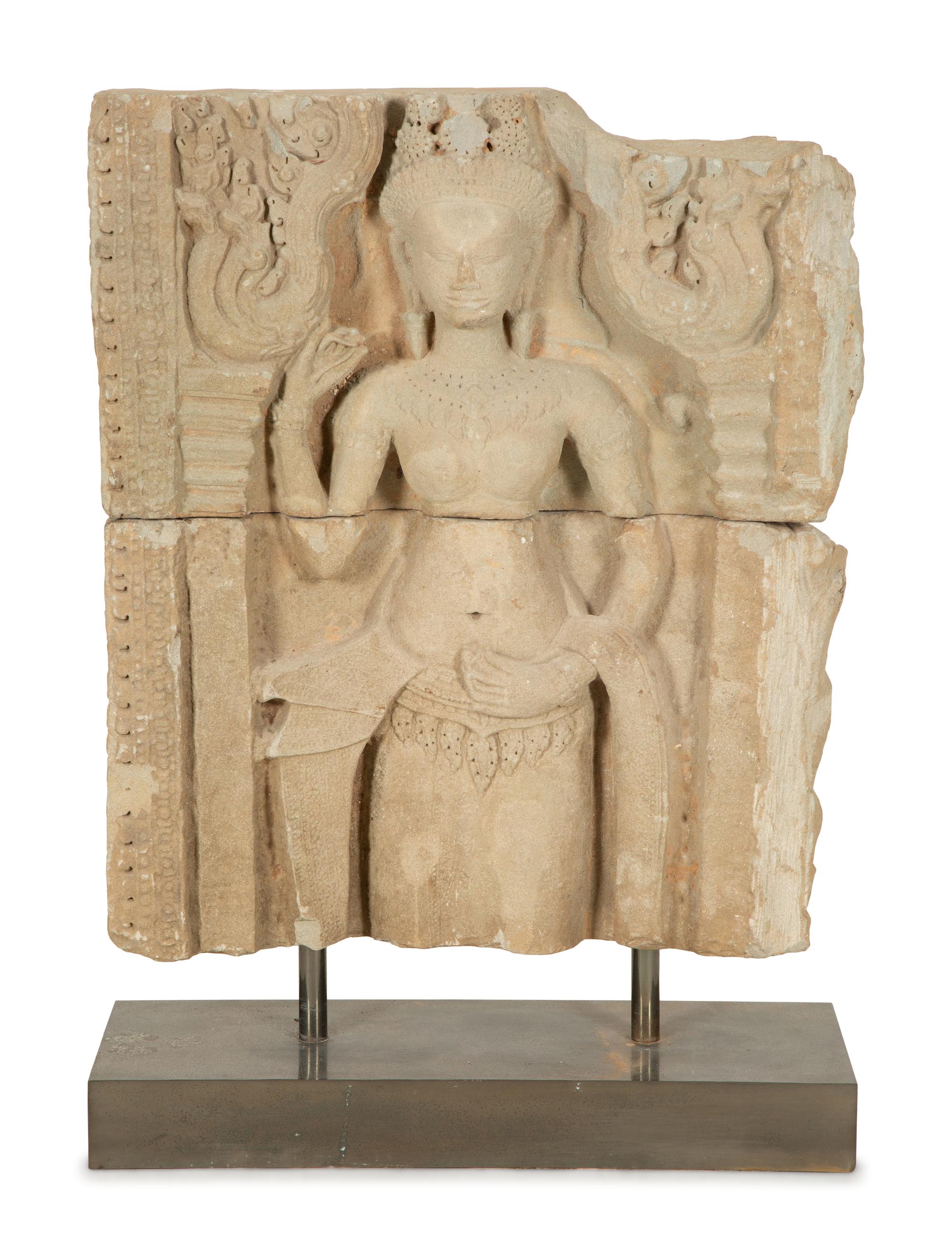 A Khmer Greystone Stele of an Aspara Dancer — 19th Century