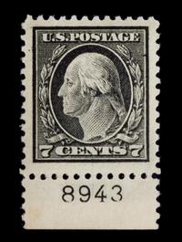 A United States 1917 Black George Washington 7-Cent Stamp with Bottom Plate Selvage