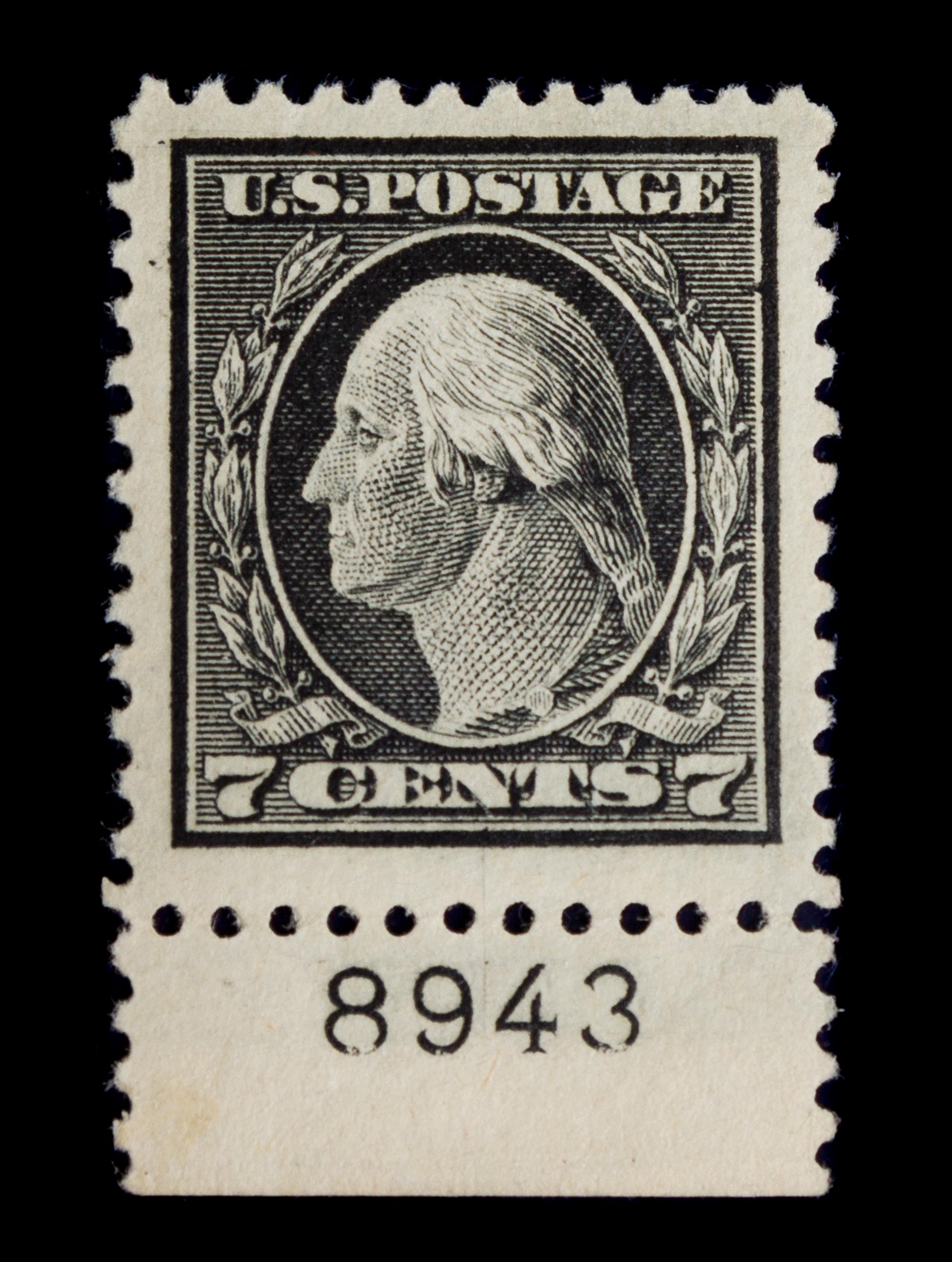 A United States 1917 Black George Washington 7-Cent Stamp with Bottom Plate Selvage