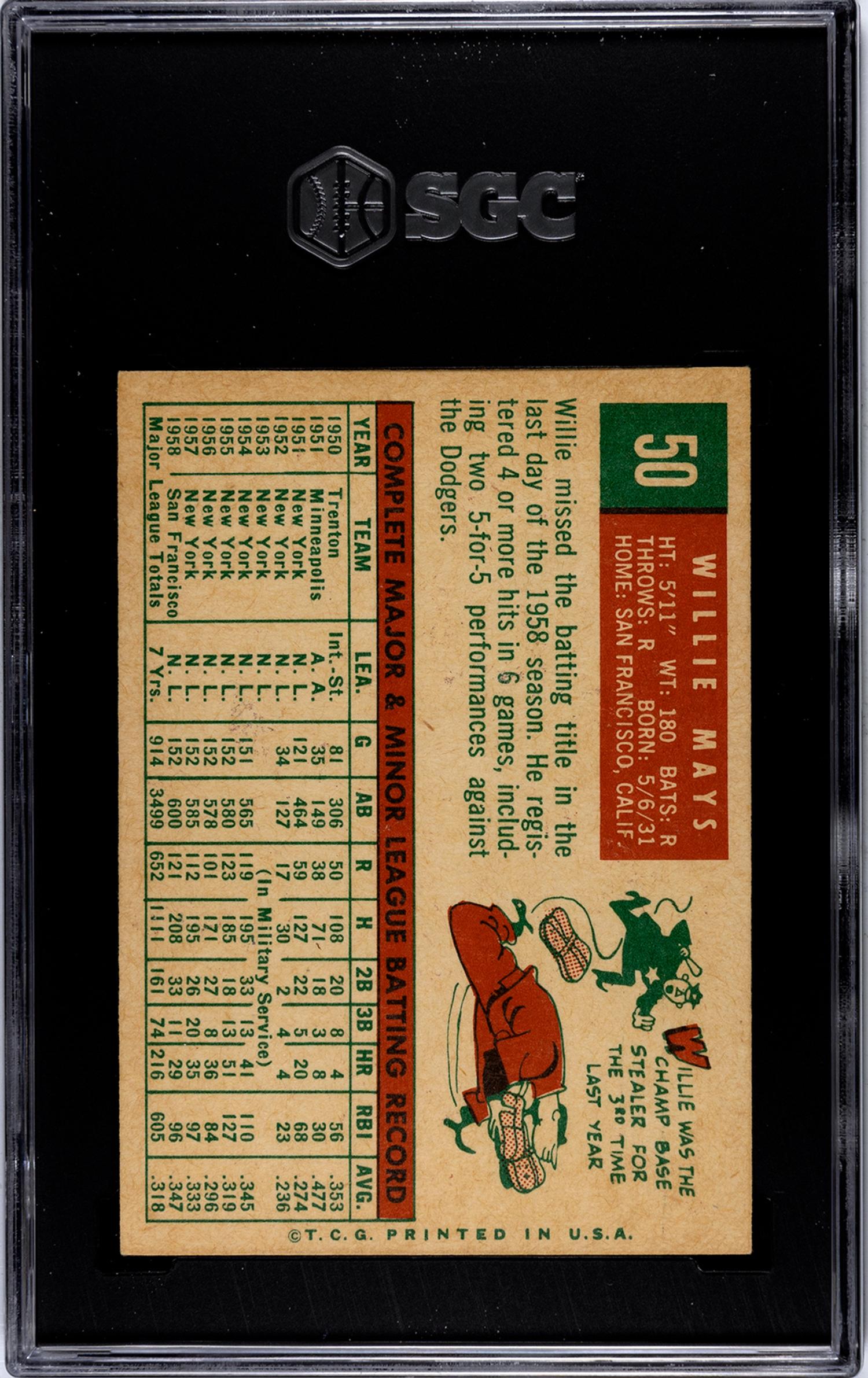 A 1959 Topps Willie Mays Baseball Card No. 50 (SGC 5.5 EX+)