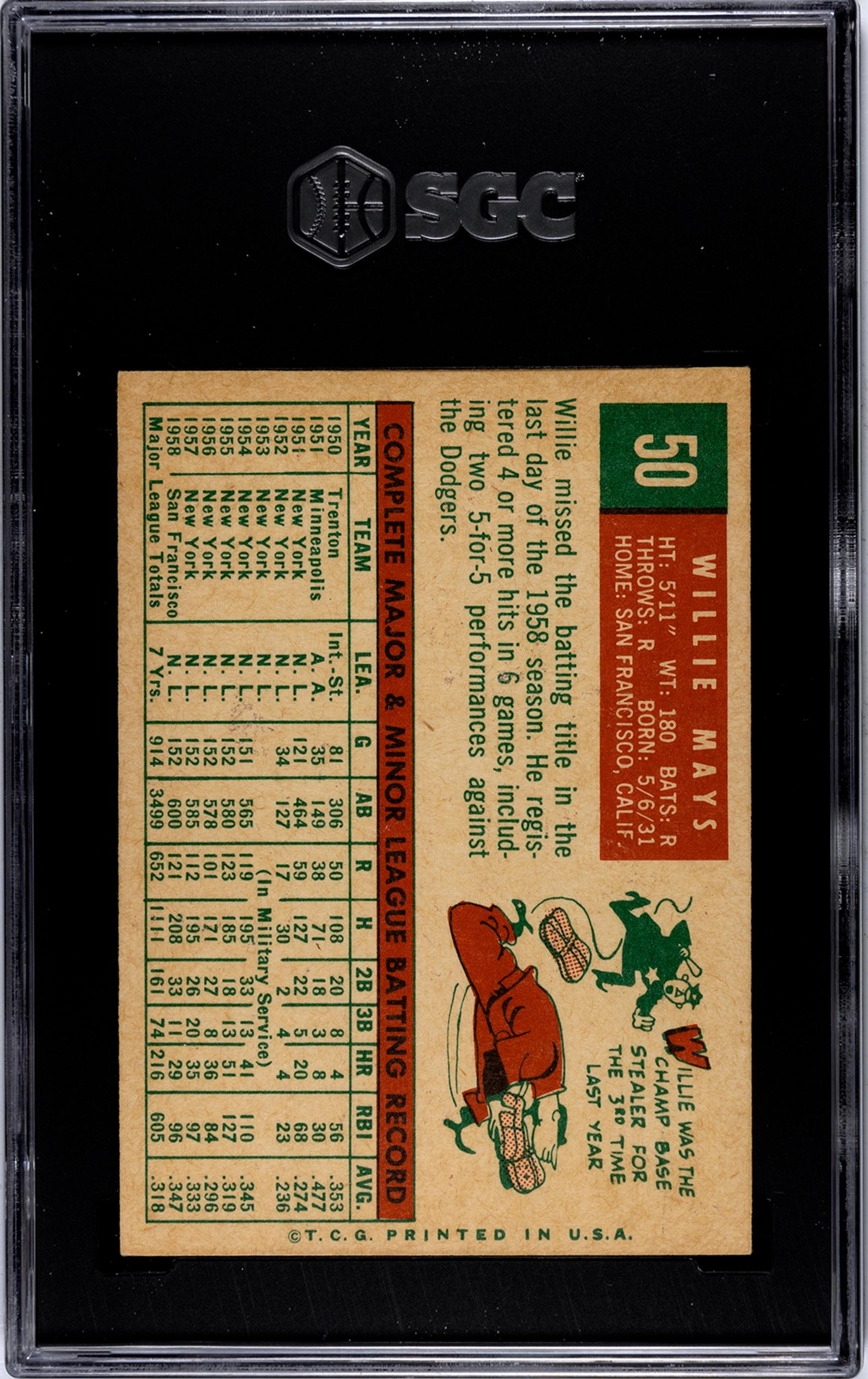 A 1959 Topps Willie Mays Baseball Card No. 50 (SGC 5.5 EX+)