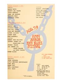 [MUSIC]. A group of 4 items promoting the Ann Arbor Blues and Jazz Festivals in 1970 and 1972, incl. posters, a program and bumper sticker.