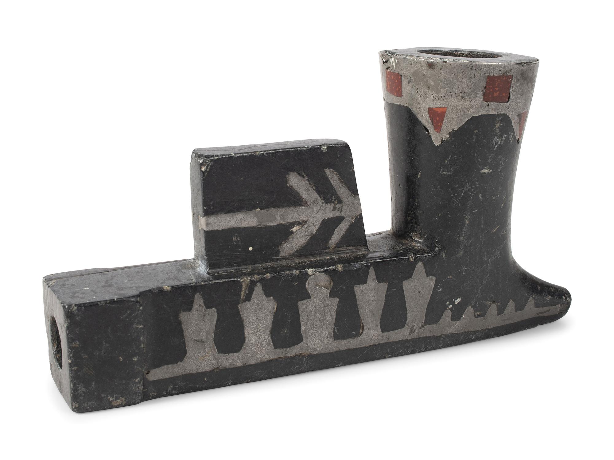 Great Lakes Steatite Pipe Bowl, with Catlinite and Lead Inlay