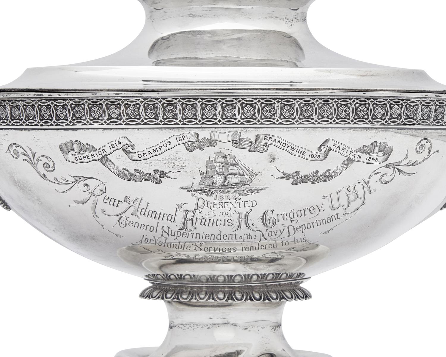 An Impressive Sterling Silver Presentation Tureen and Undertray Made for Admiral Francis H. Gregory (1789-1866)