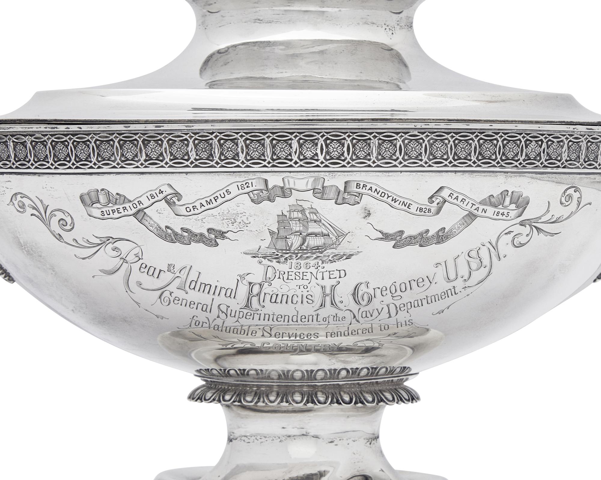 An Impressive Sterling Silver Presentation Tureen and Undertray Made for Admiral Francis H. Gregory (1789-1866)