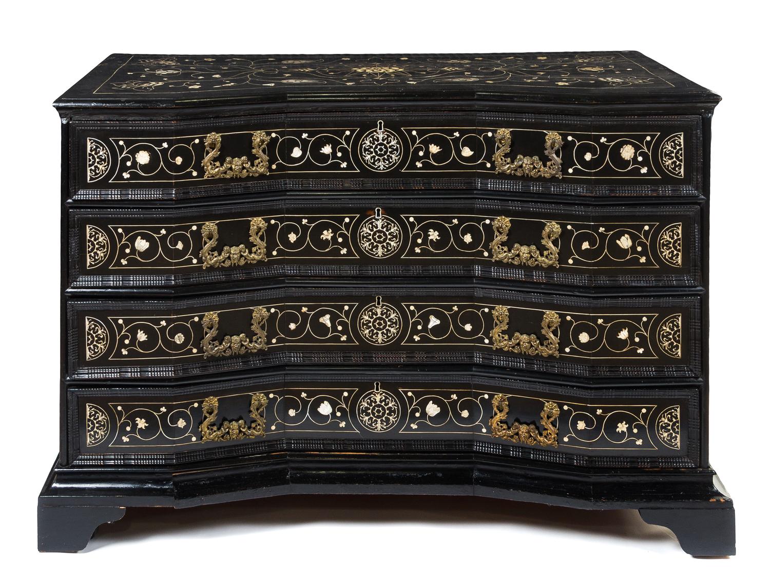 An Italian Ebony Chest of Drawers Height 40 1/4 x width 50 1/2 x depth 26 1/2 inches. — 17TH/18TH CENTURY