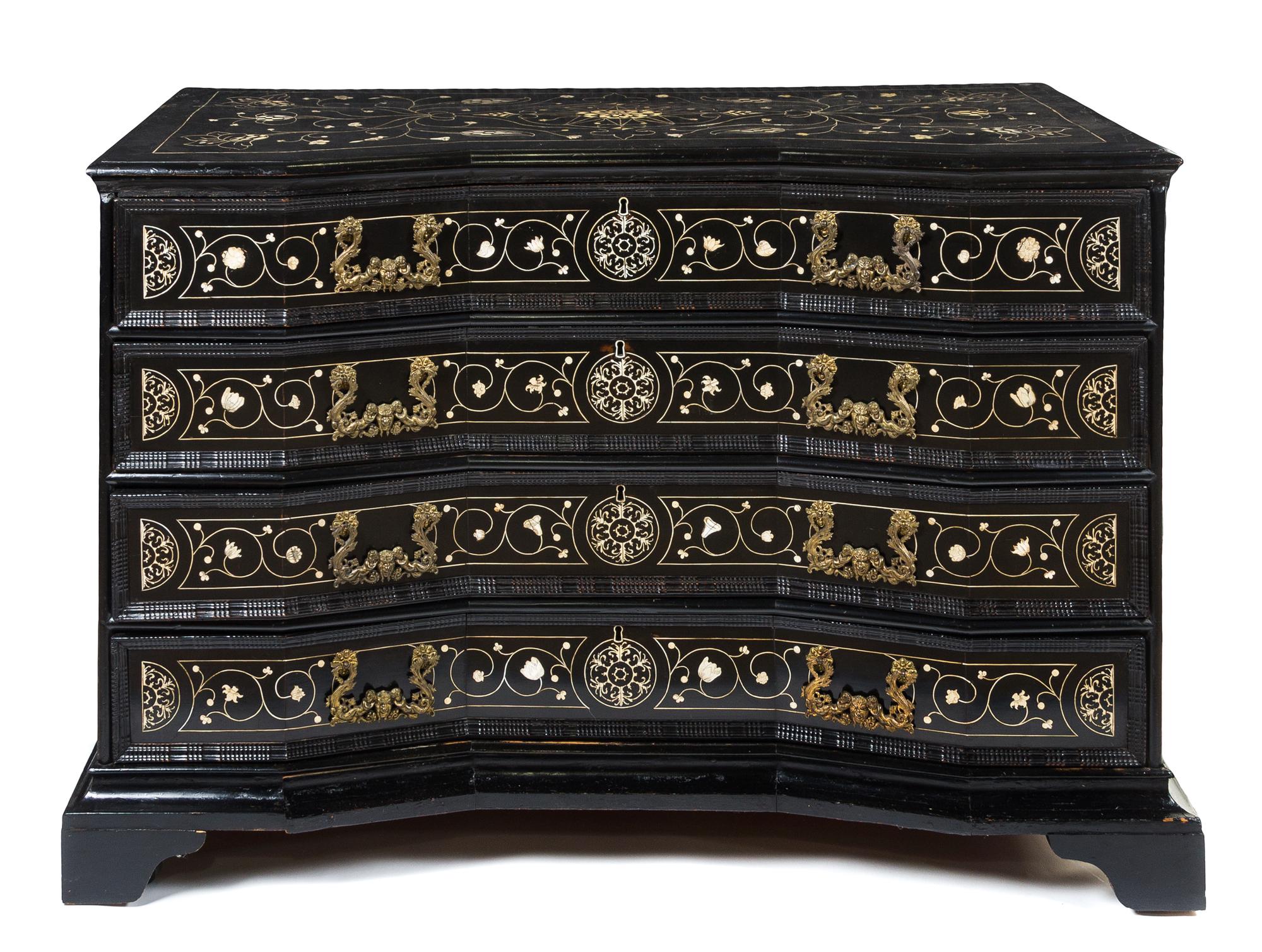An Italian Ebony Chest of Drawers Height 40 1/4 x width 50 1/2 x depth 26 1/2 inches. — 17TH/18TH CENTURY