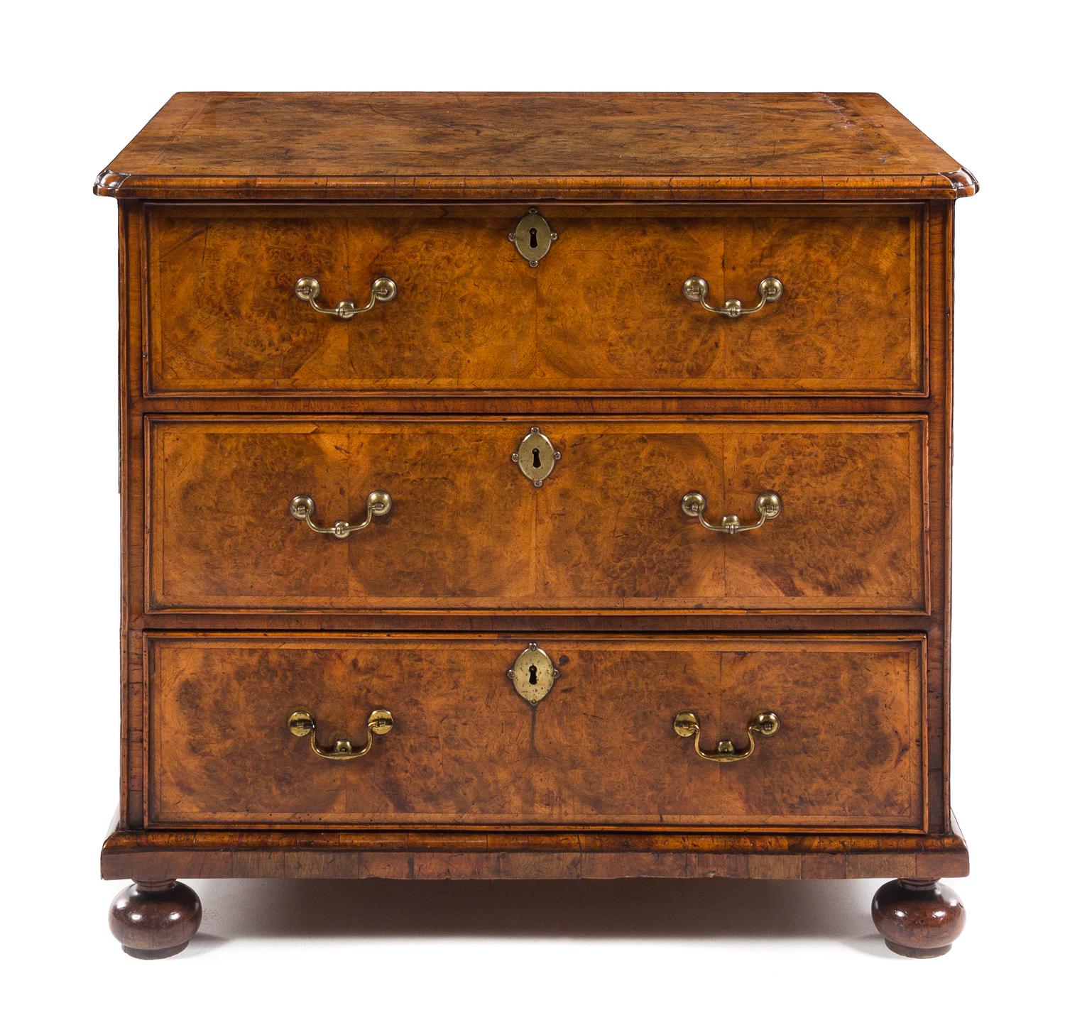 A William and Mary Inlaid Burr Walnut Chest of Drawers Height 29 1/2 x width 32 x depth 22 1/2 inches. — CIRCA 1700