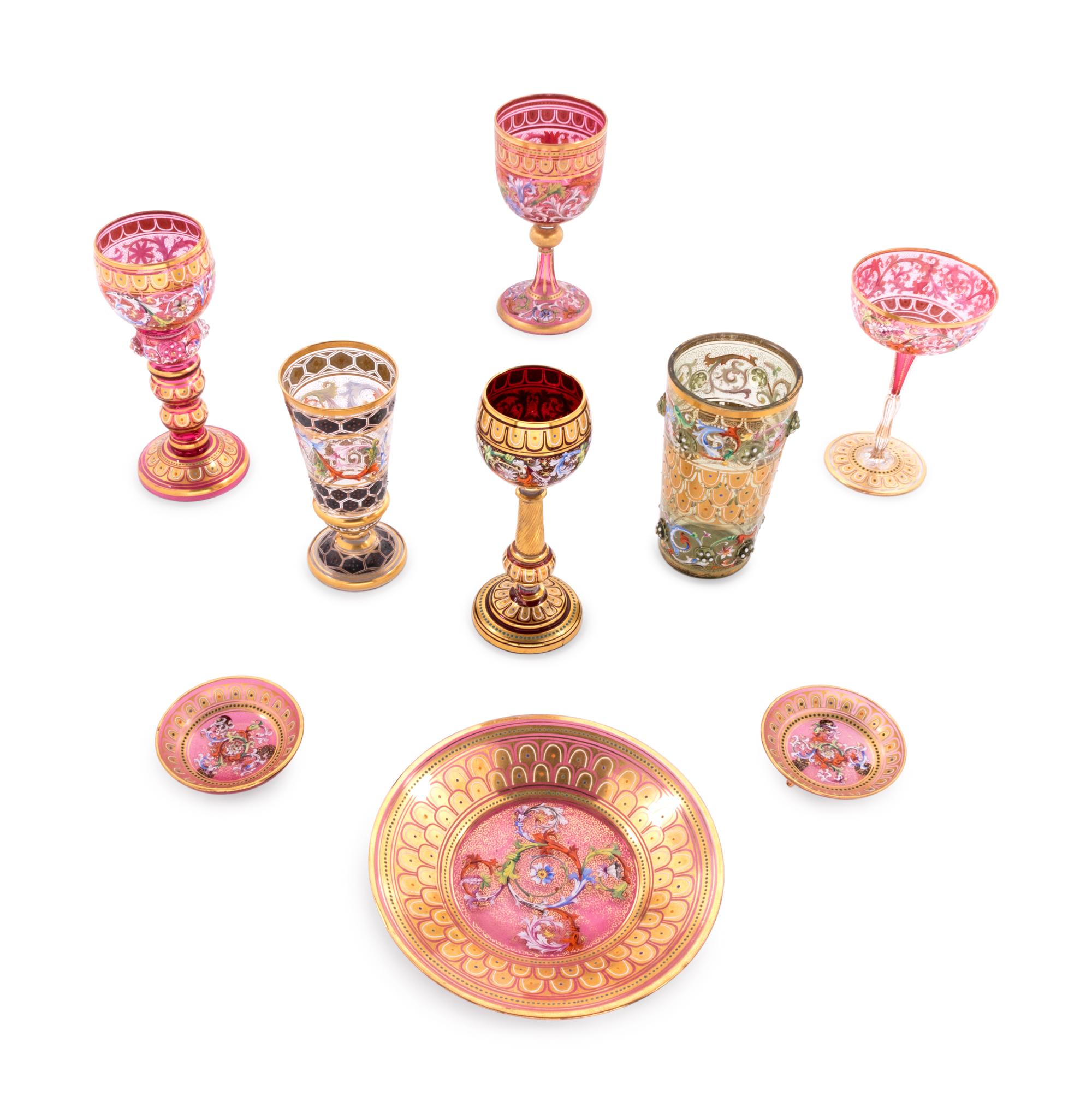 Nine Continental Enameled Ruby Glass Articles
