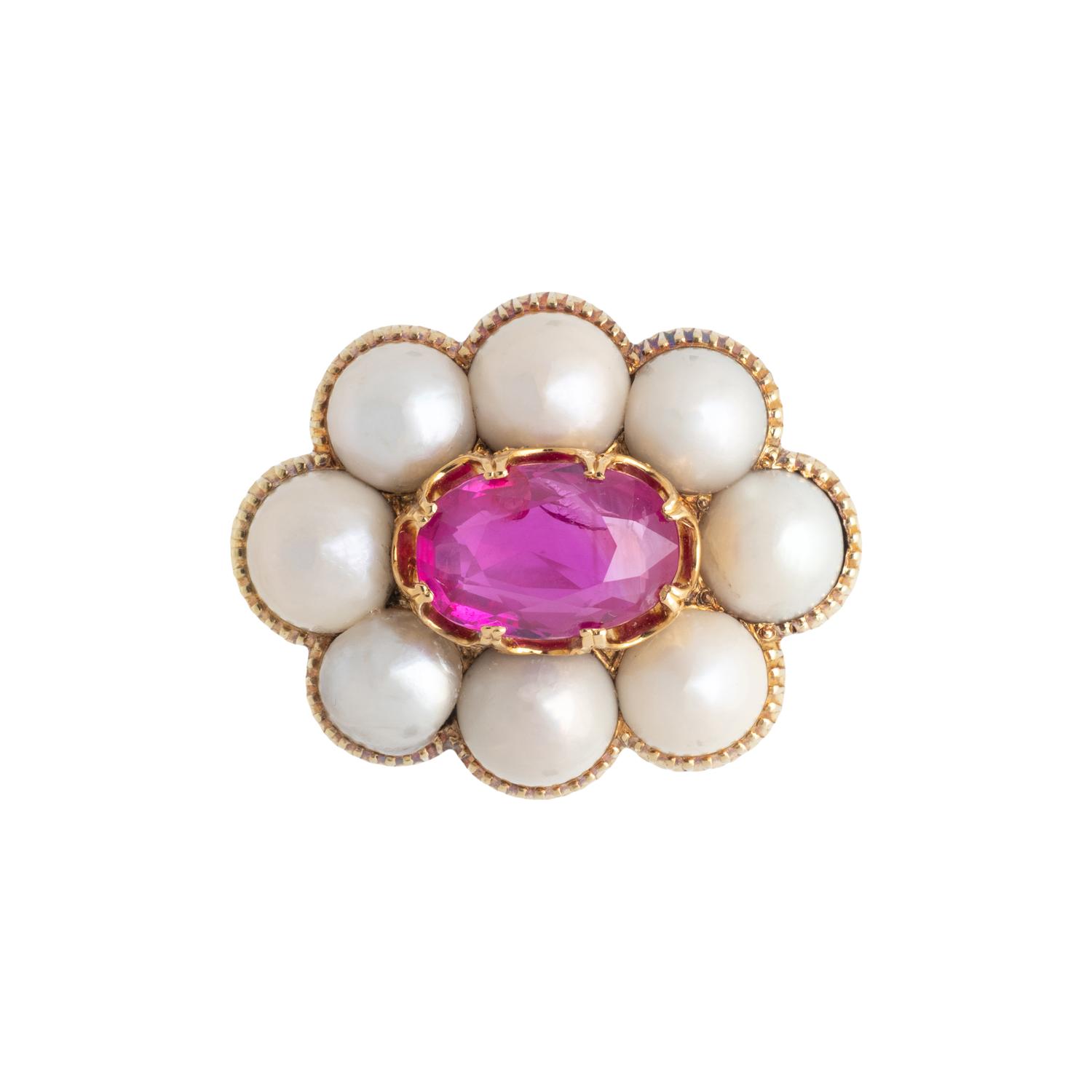 ANTIQUE, UNHEATED BURMESE RUBY AND PEARL BROOCH
