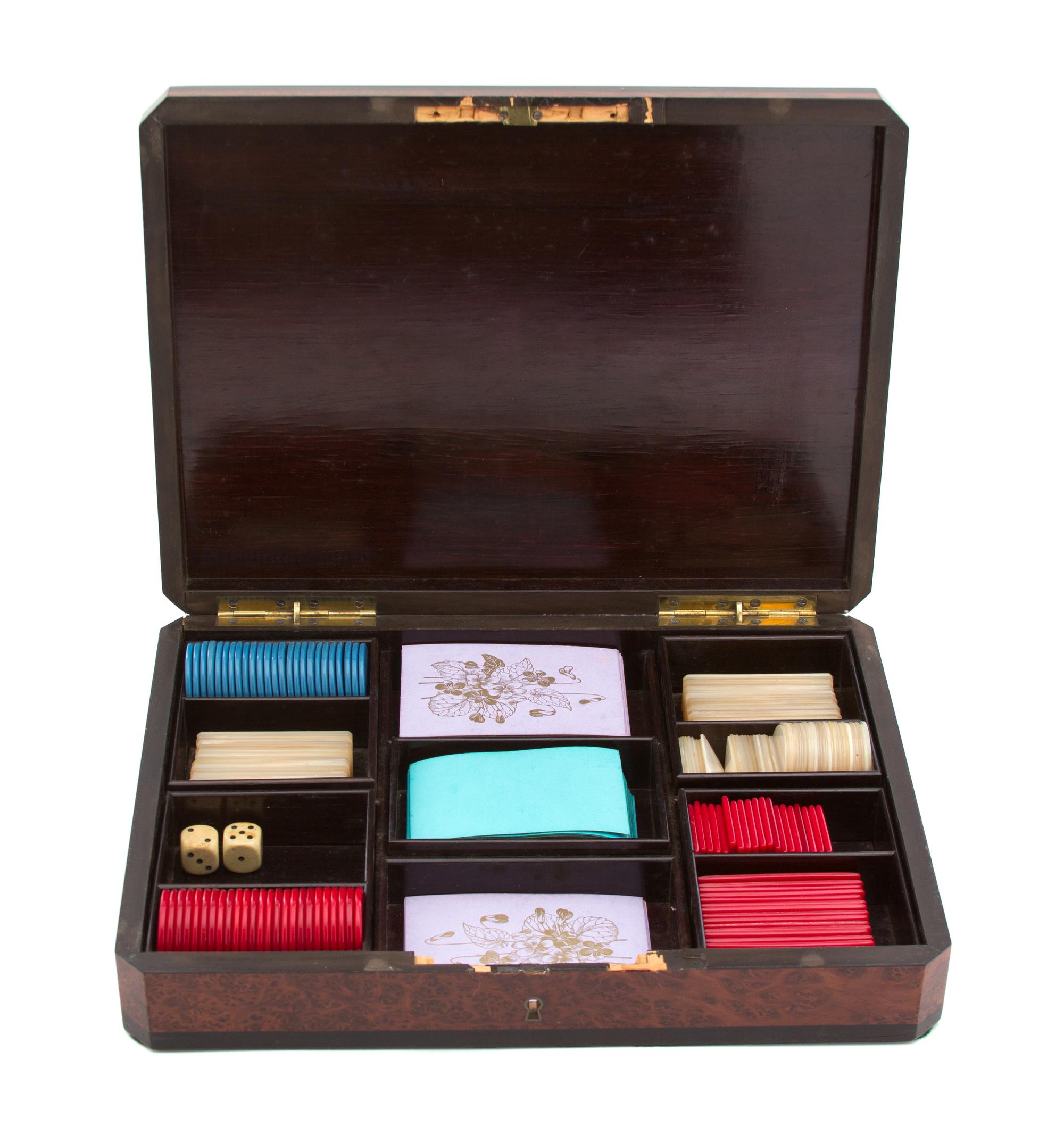 A French Brass and Silver Inlaid Burlwood Games Box Height 2 1/4 x width 12 x depth 9 inches. — 19TH CENTURY
