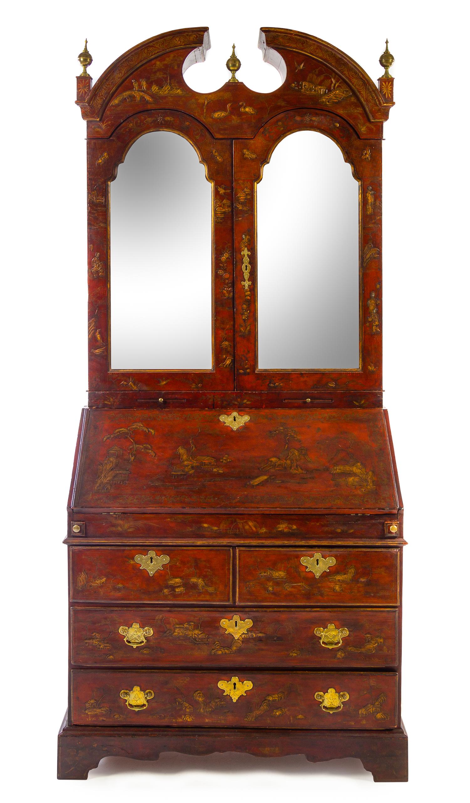 A Queen Anne Style Red Lacquered Secretary Height 86 3/4 x width 23 1/4 x depth 22 3/4 inches. — 18TH CENTURY WITH LATER ELEMENTS