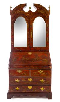 A Queen Anne Style Red Lacquered Secretary Height 86 3/4 x width 23 1/4 x depth 22 3/4 inches. — 18TH CENTURY WITH LATER ELEMENTS