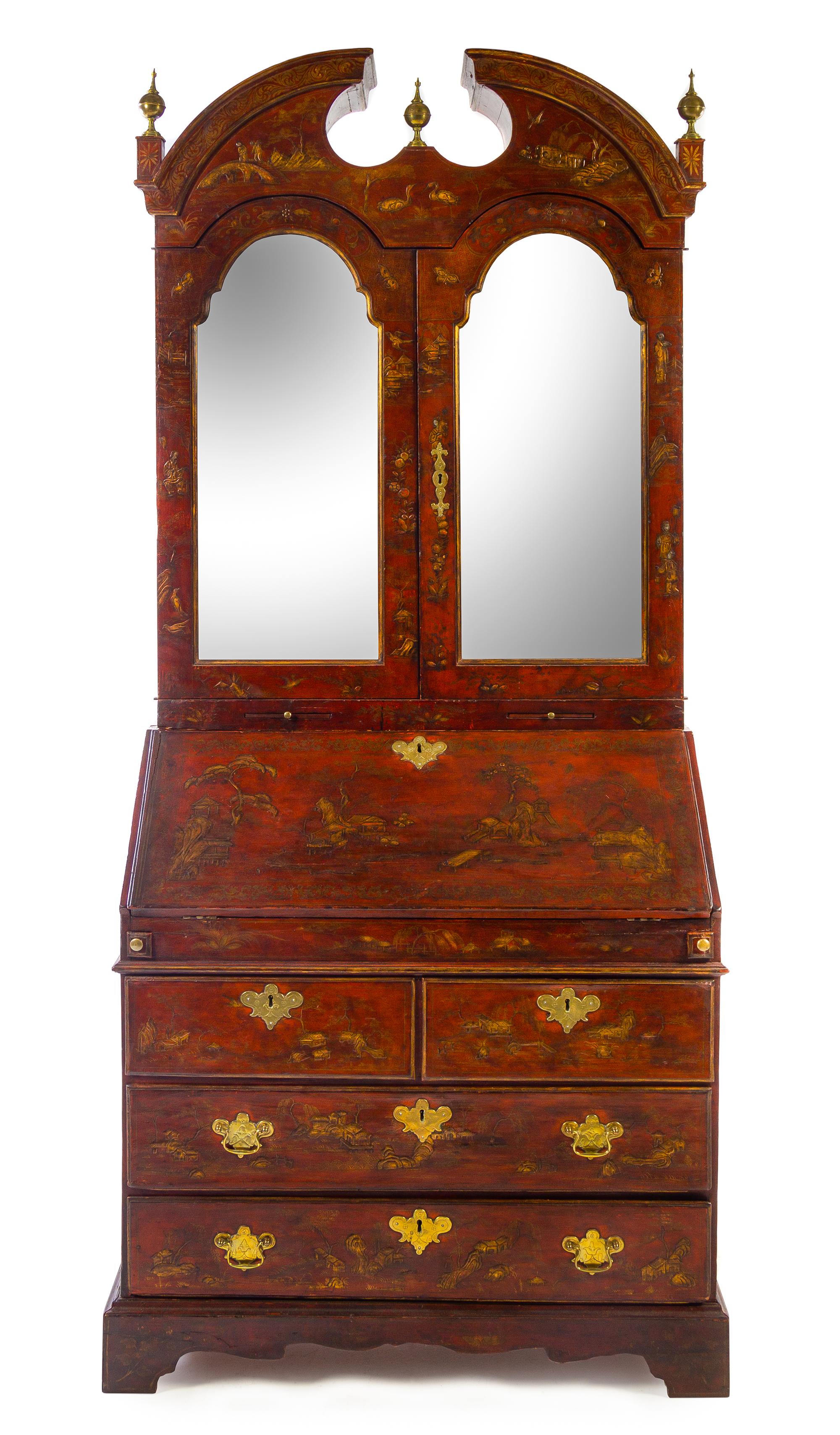 A Queen Anne Style Red Lacquered Secretary Height 86 3/4 x width 23 1/4 x depth 22 3/4 inches. — 18TH CENTURY WITH LATER ELEMENTS