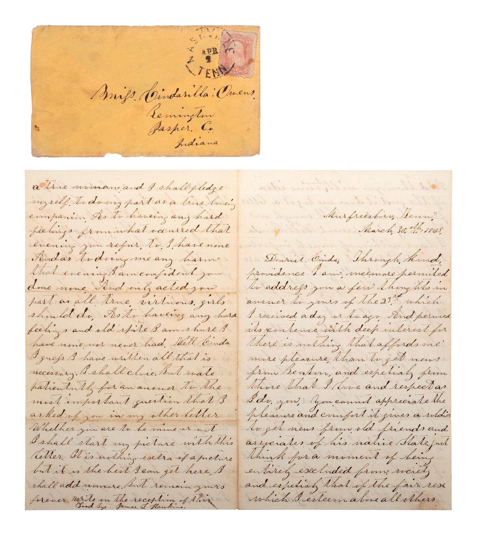 [CIVIL WAR]. Archive of 23 letters of James L. Hawkins, 10th Indiana Volunteers. September 1862-August 1864.