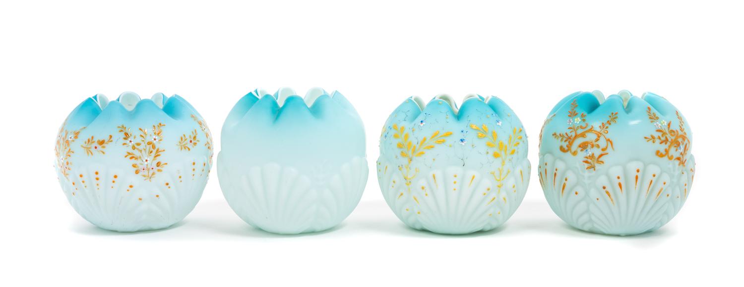 Four Victorian Satin Glass Rose Bowls Height of tallest 5 1/8 inches — 19TH CENTURY